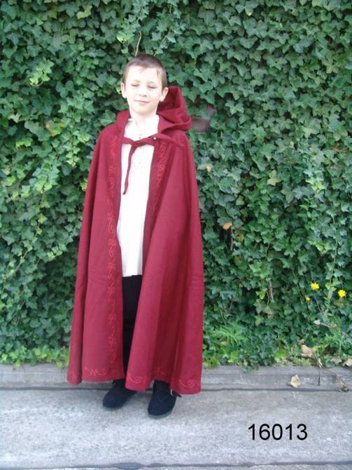 Middeleeuwse Wollen Grijze Jager Kindercape - Mantel in Rood met lange capuchon en handbeschilderd, met borduurwerk