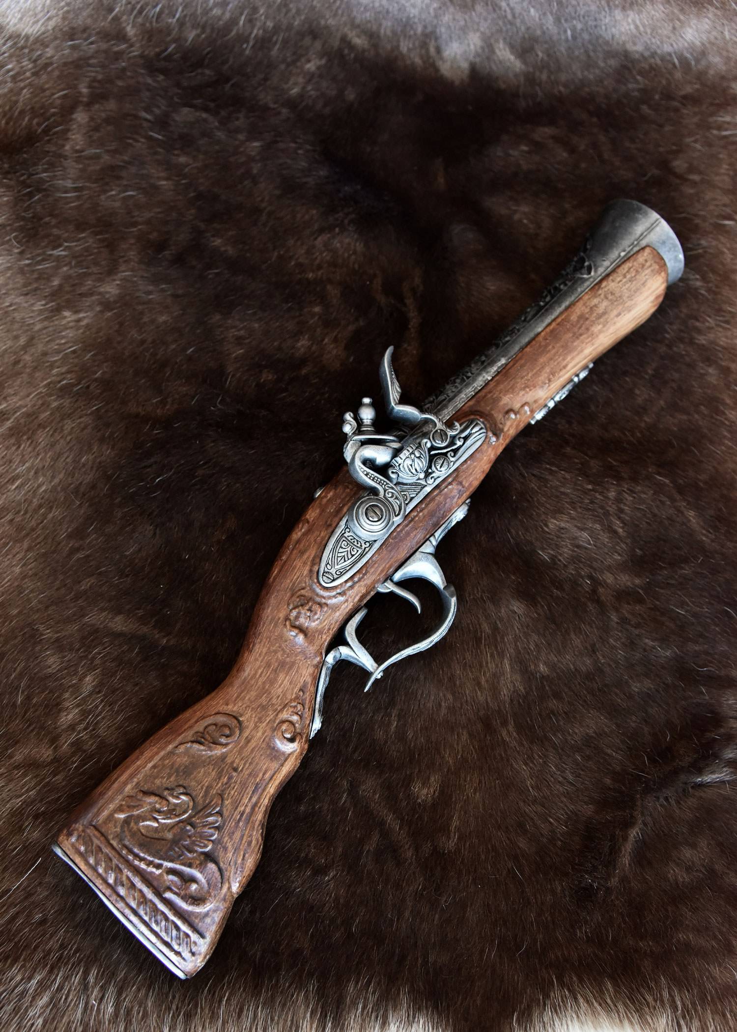 Donderbus vuursteenpistool, 18e eeuw, replica, metaal uitvoering
