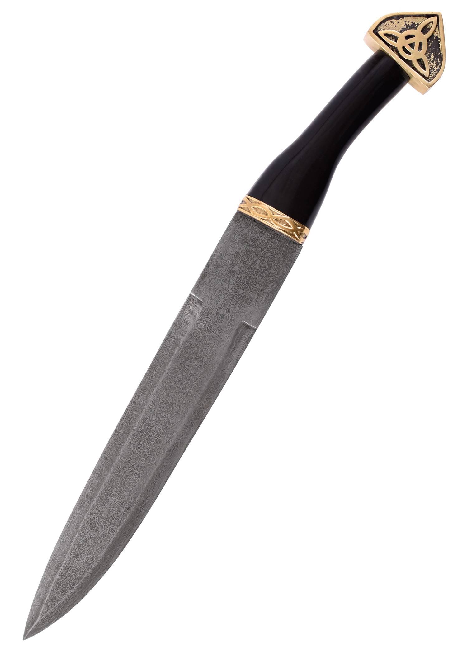 Wikinger Sax aus Damaszenerstahl mit schwarzer Lederscheide und Horngriff, aus dem 9. Jahrhundert.