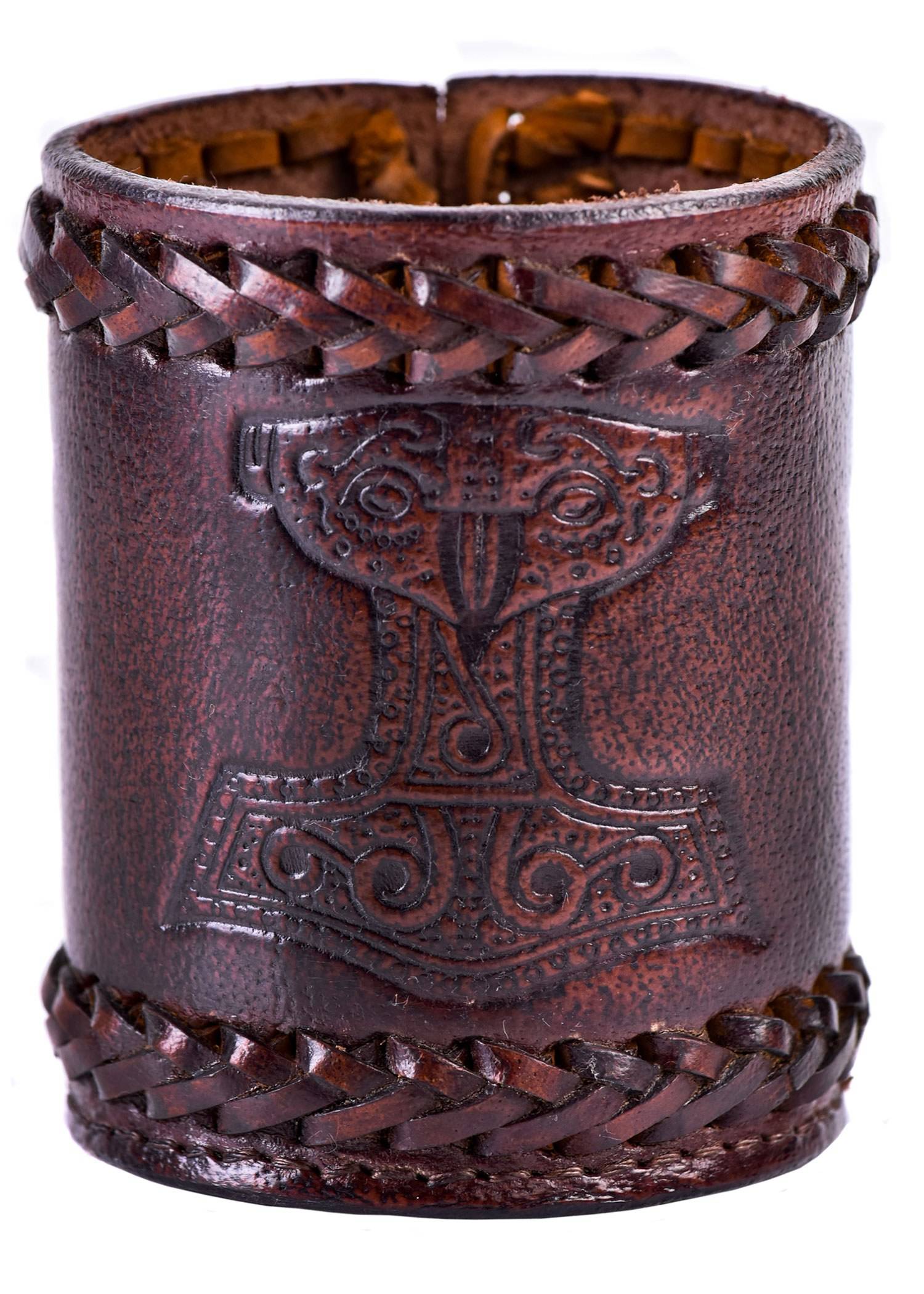 Leren dobbelbeker met Thor's hamer in reliëf, bruin