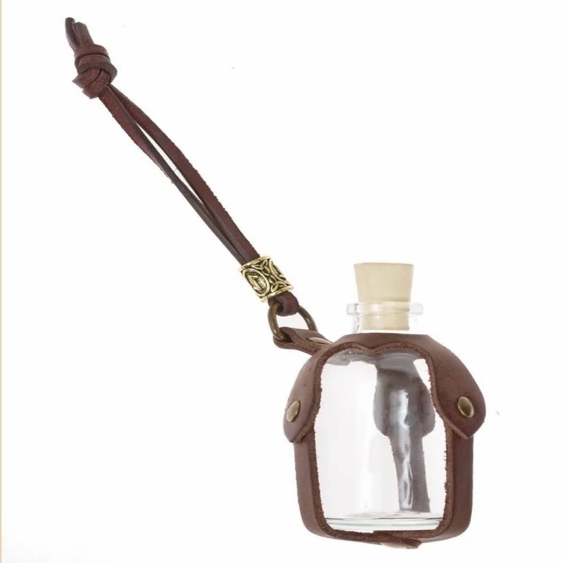 Heksen en Alchemisten elixerflesje in Bruin leder, 100 ml met bruine Runenkraal
