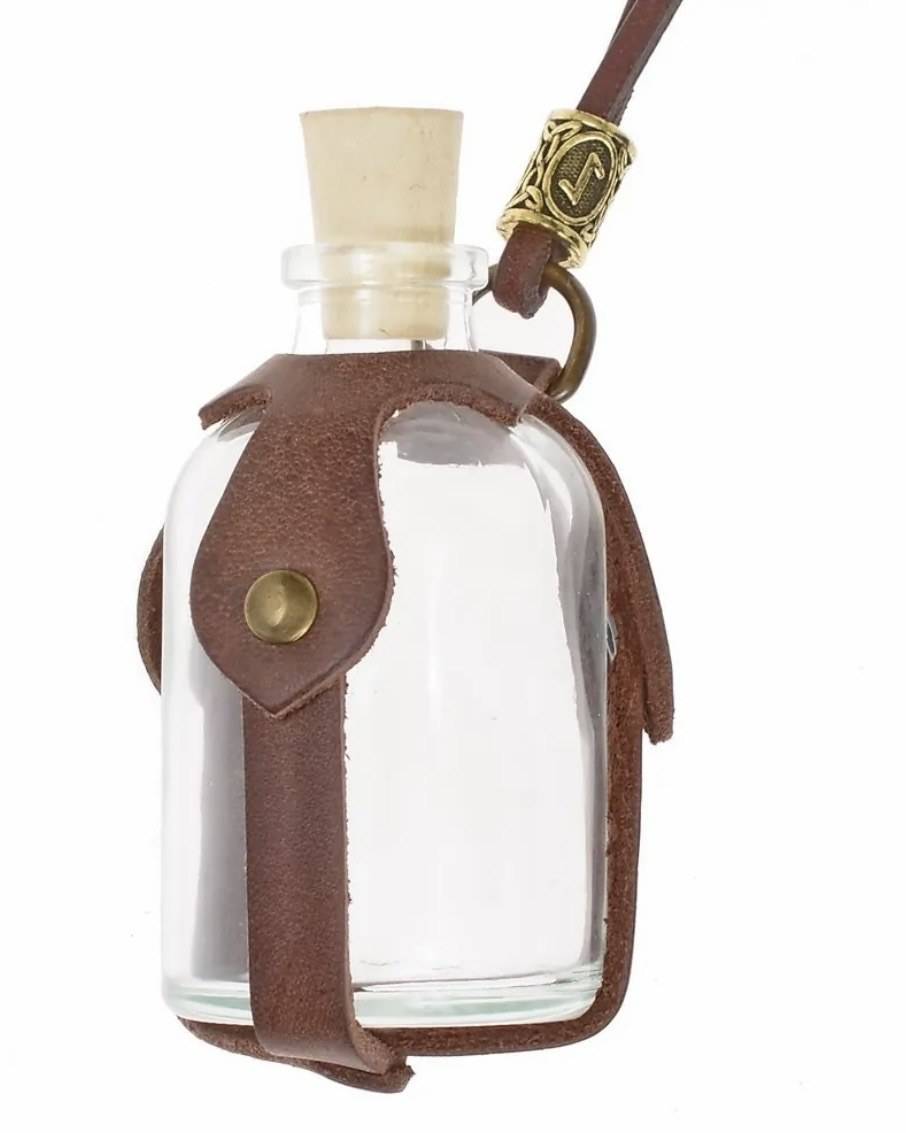 Heksen en Alchemisten elixerflesje in Bruin leder, 100 ml met bruine Runenkraal