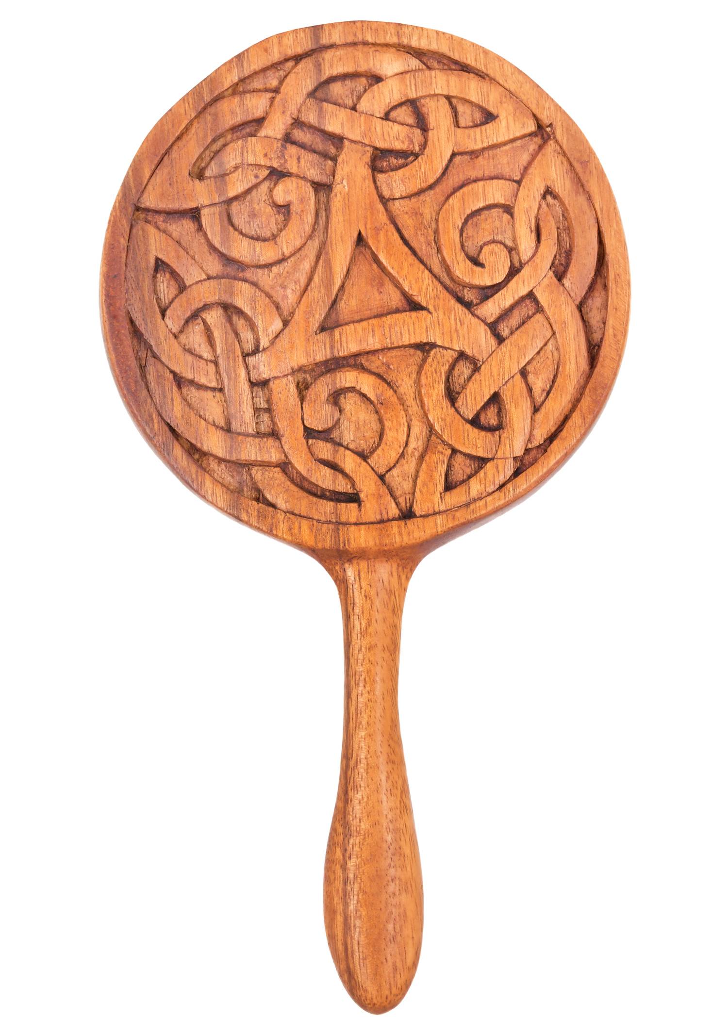 Houten handspiegel met triskelion en Keltische knopen, ca. 28 cm