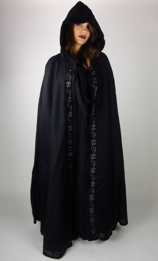 Middeleeuwse Cape Wol in Zwart met Borduursels, 160 cm