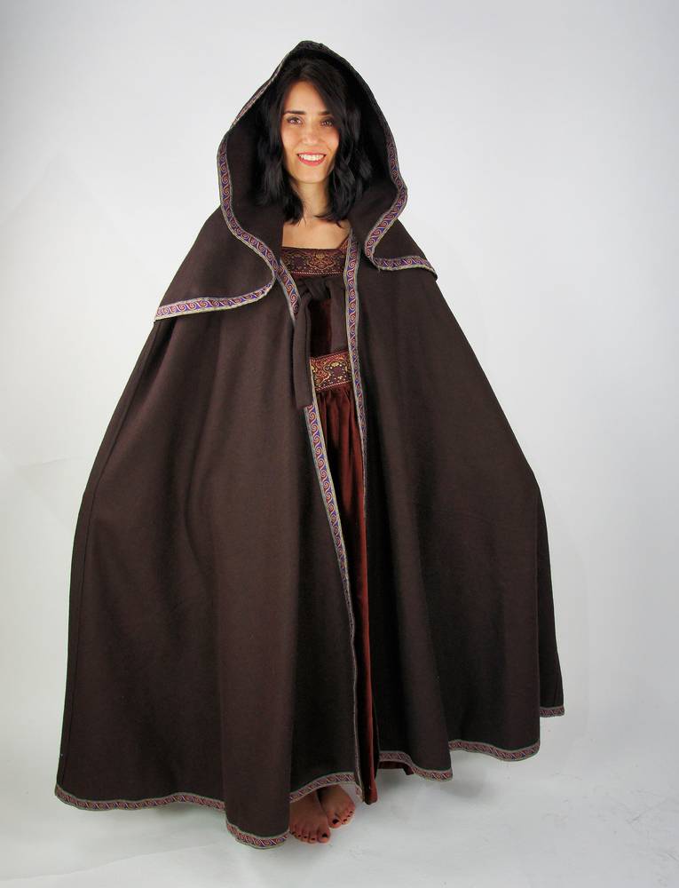 Middeleeuwse Cape Wol in Bruin met grote Muts, 131 cm