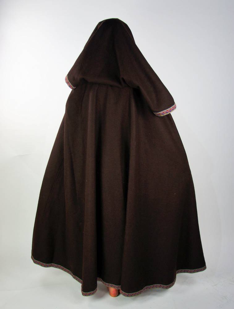 Middeleeuwse Cape Wol in Bruin met grote Muts, 131 cm