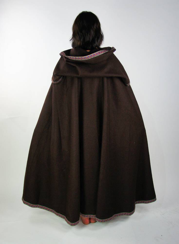 Middeleeuwse Cape Wol in Bruin met grote Muts, 131 cm