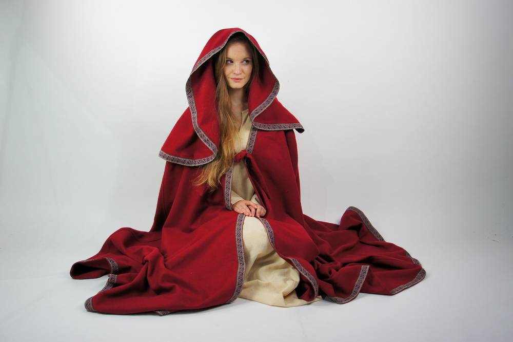 Middeleeuwse Cape Wol in Rood met grote Muts, 131 cm