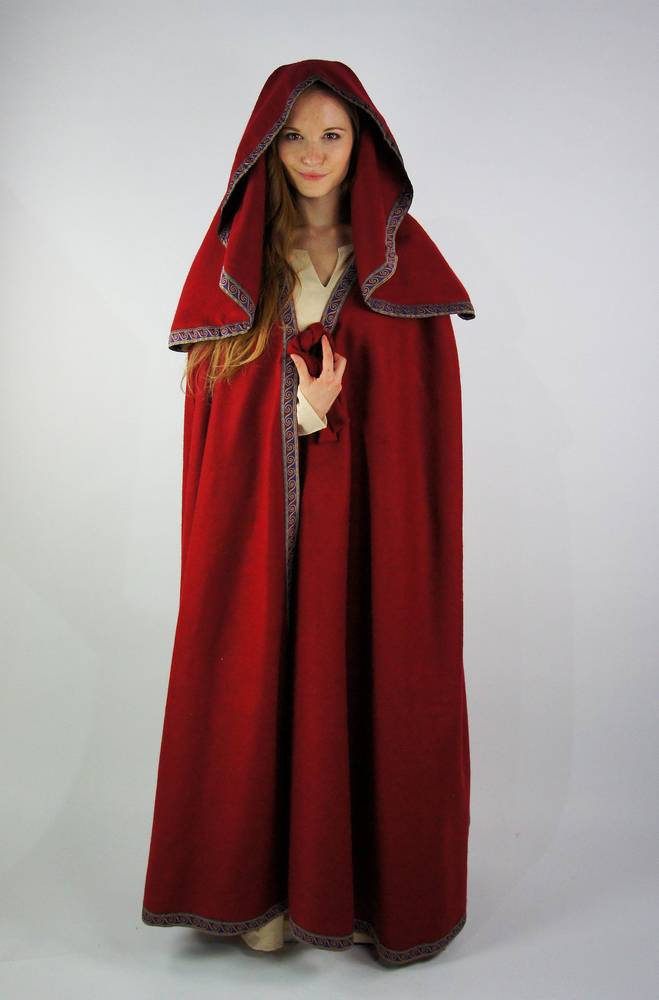 Middeleeuwse Cape Wol in Rood met grote Muts, 131 cm