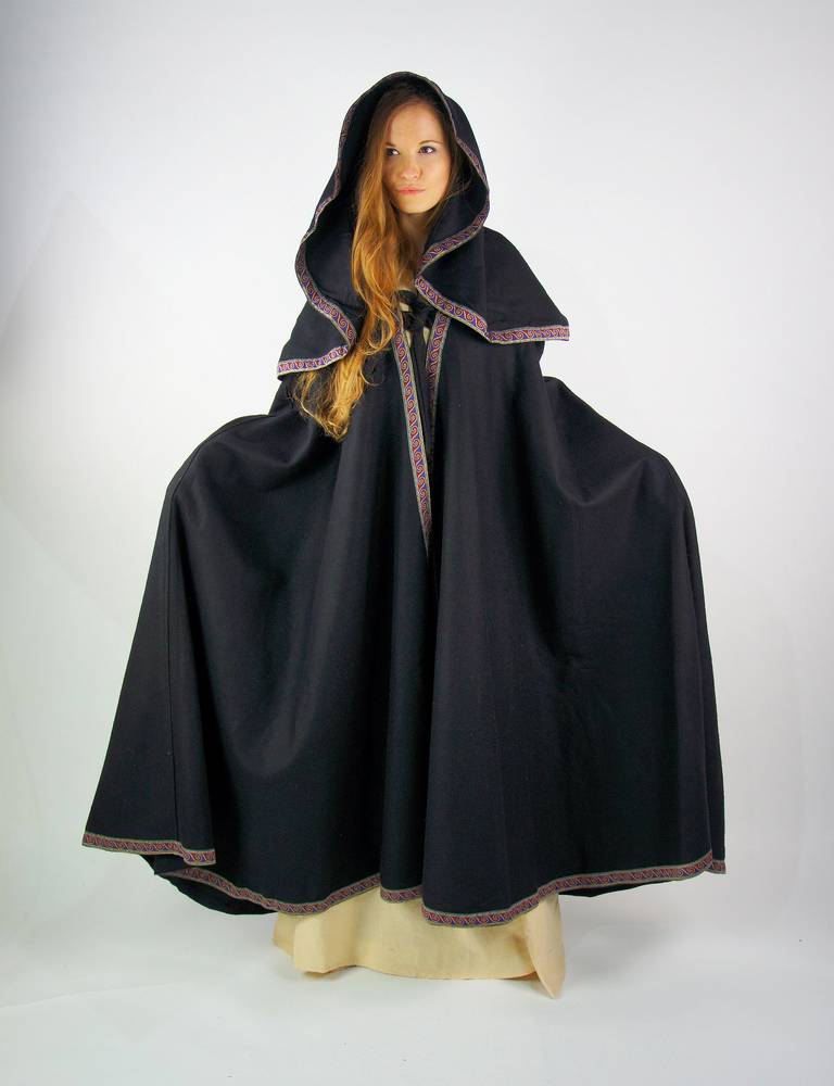 Middeleeuwse Cape Wol in Zwart met grote Muts, 131 cm