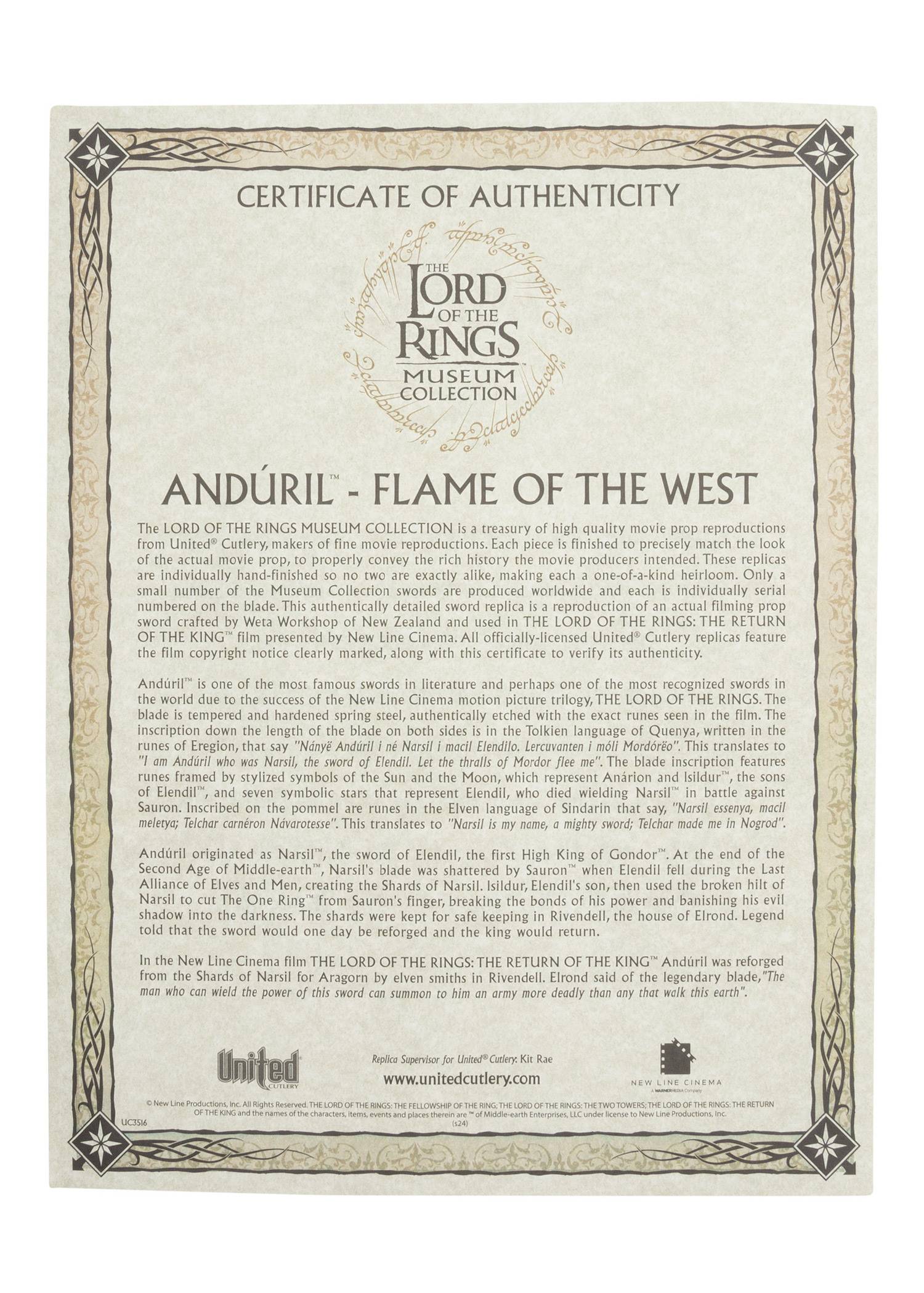 Lord of the Ring, zwaard van Andúril - Museumcollectie 1:1 Filmreplica