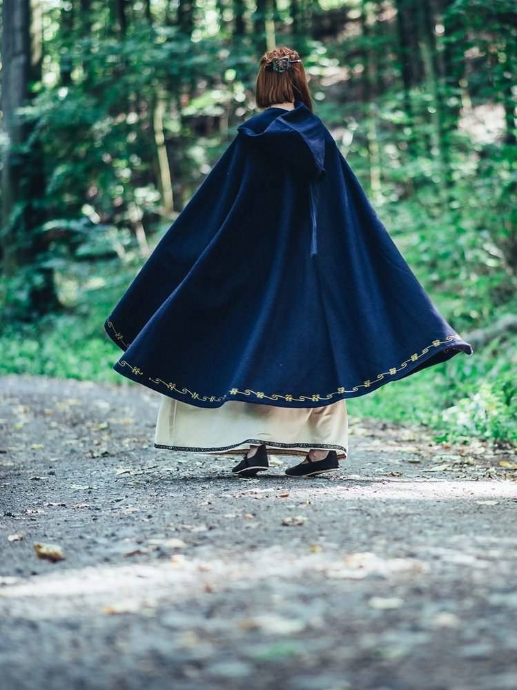 ​​​Middeleeuwse Cape in Blauw, Wol, met Lange Capuchon, 119 cm