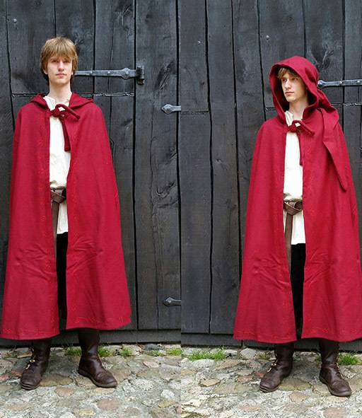 Middeleeuwse Cape Wol in Rood met Borduursels, 131 cm