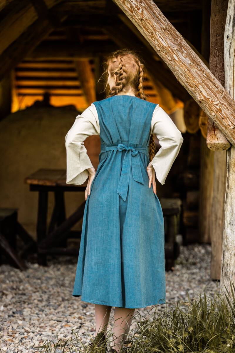 Middeleeuwse katoenen jurk in duifblauw/naturel