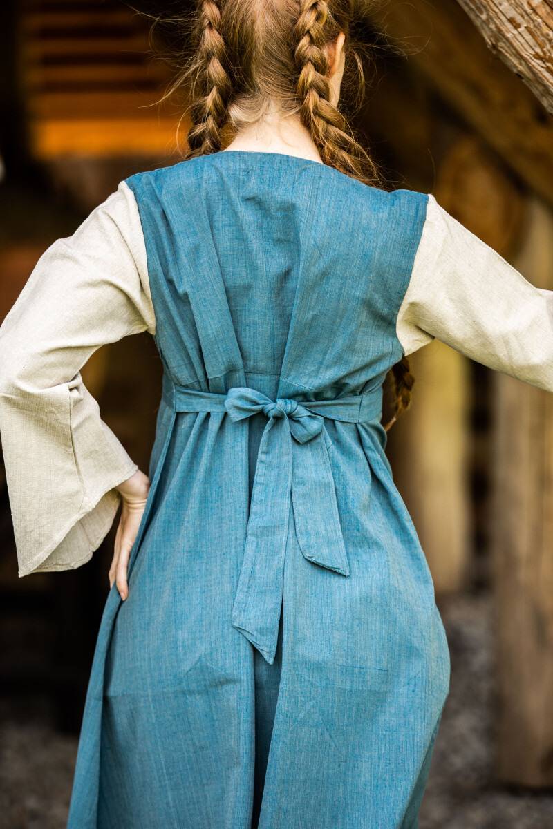 Middeleeuwse katoenen jurk in duifblauw/naturel