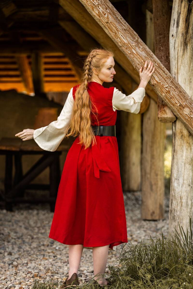 Middeleeuwse katoenen jurk in rood/naturel