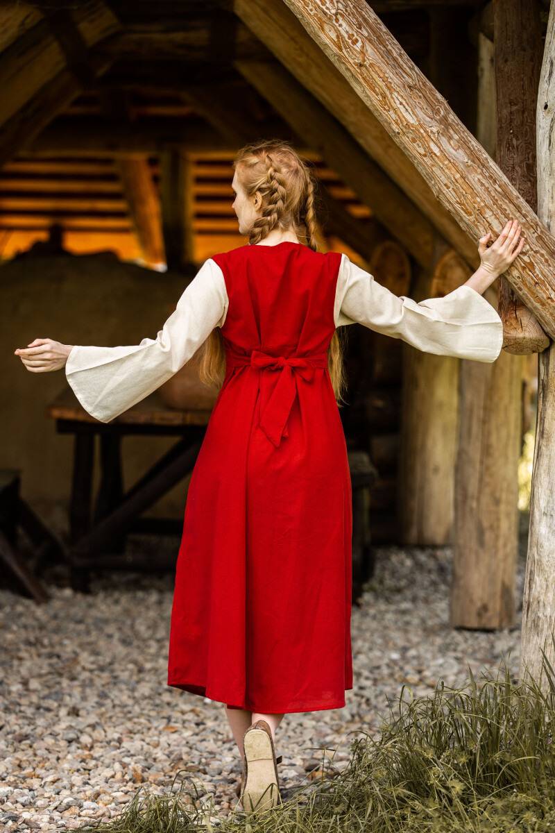 Middeleeuwse katoenen jurk in rood/naturel