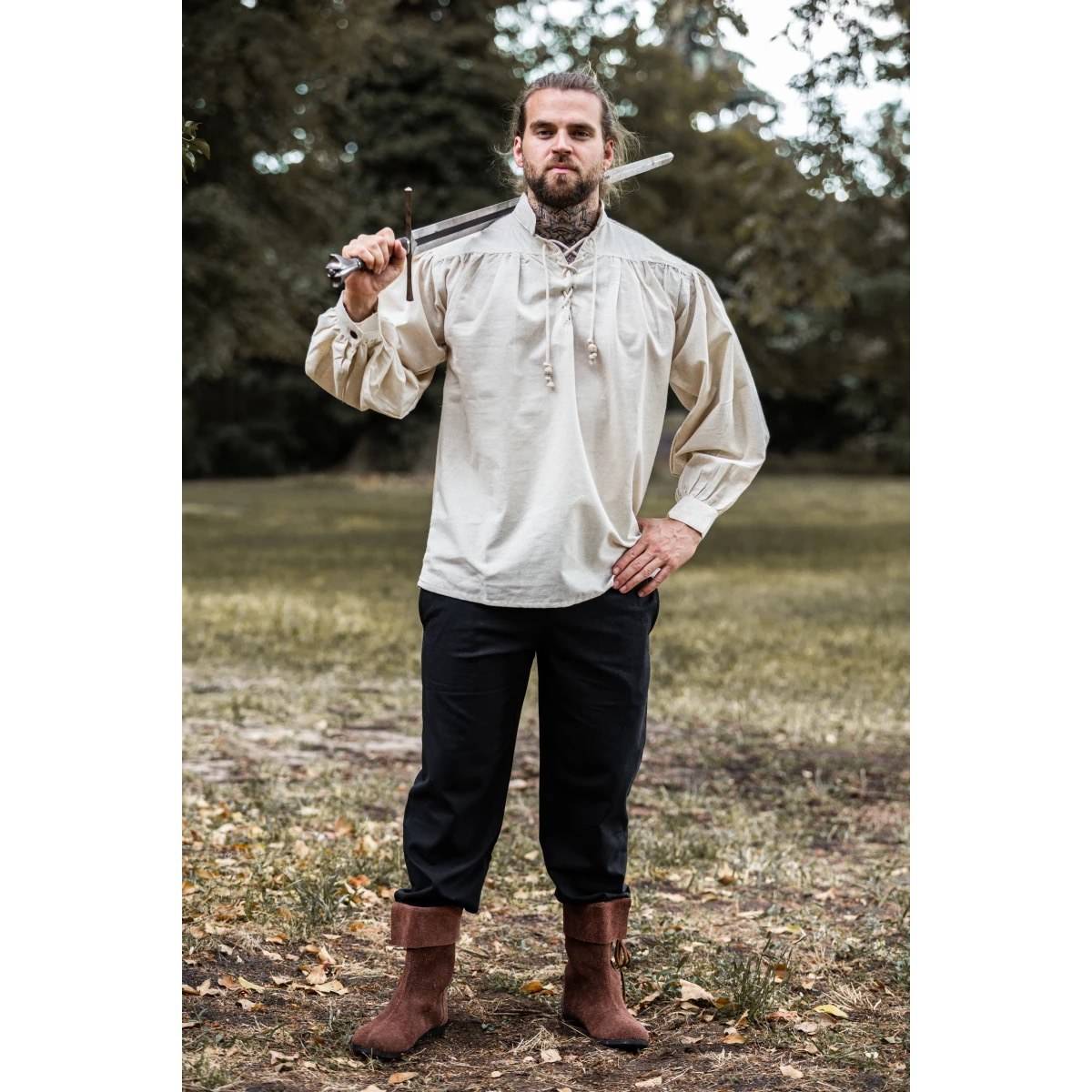 Middeleeuwse Blouse met opstaande kraag en veters in natuur kleur