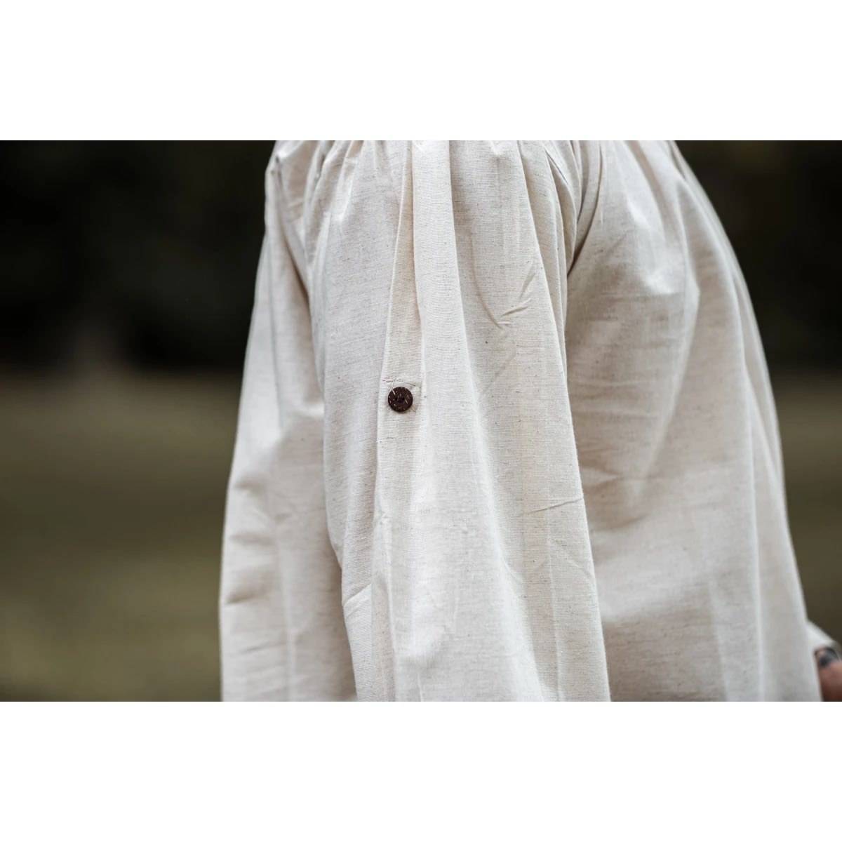 Middeleeuwse Blouse met opstaande kraag en veters in natuur kleur