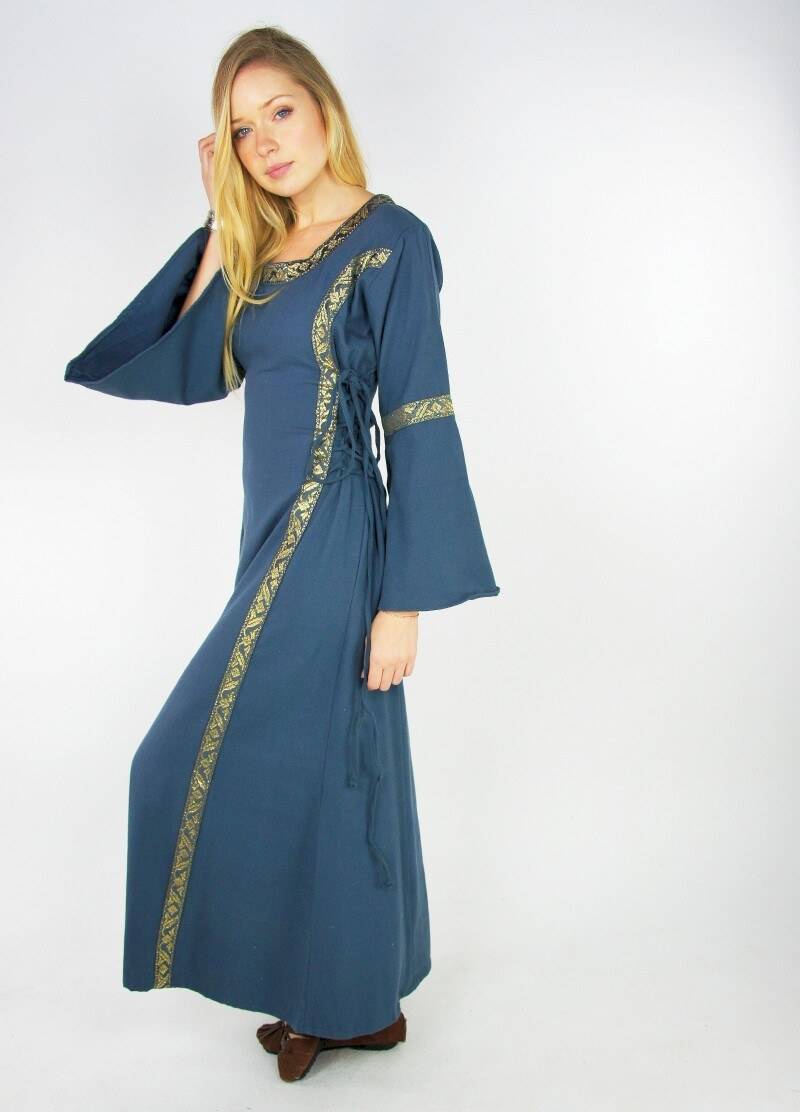 Middeleeuwse jurk met rand in Blauw