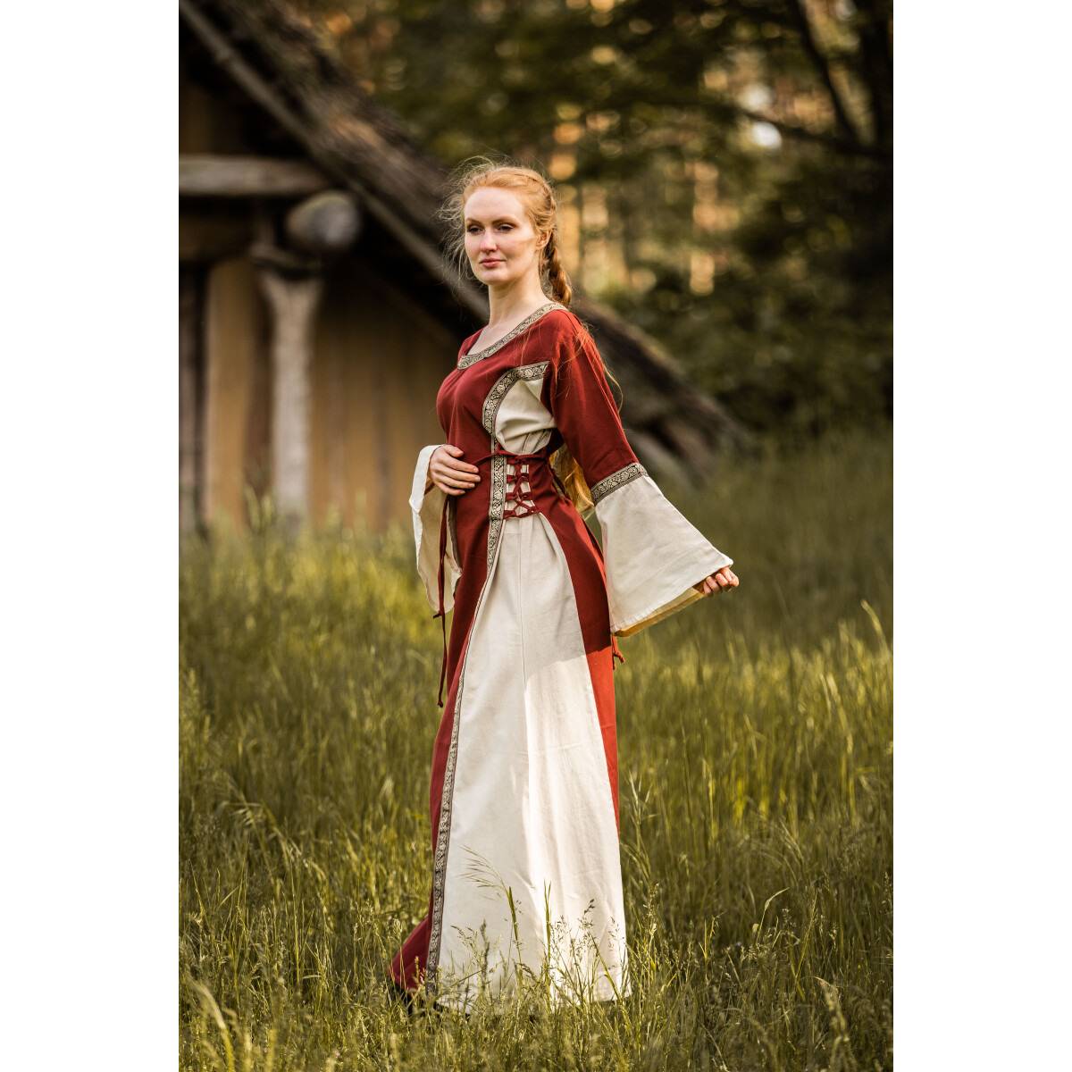 Middeleeuwse jurk met rand in Rood/Naturel