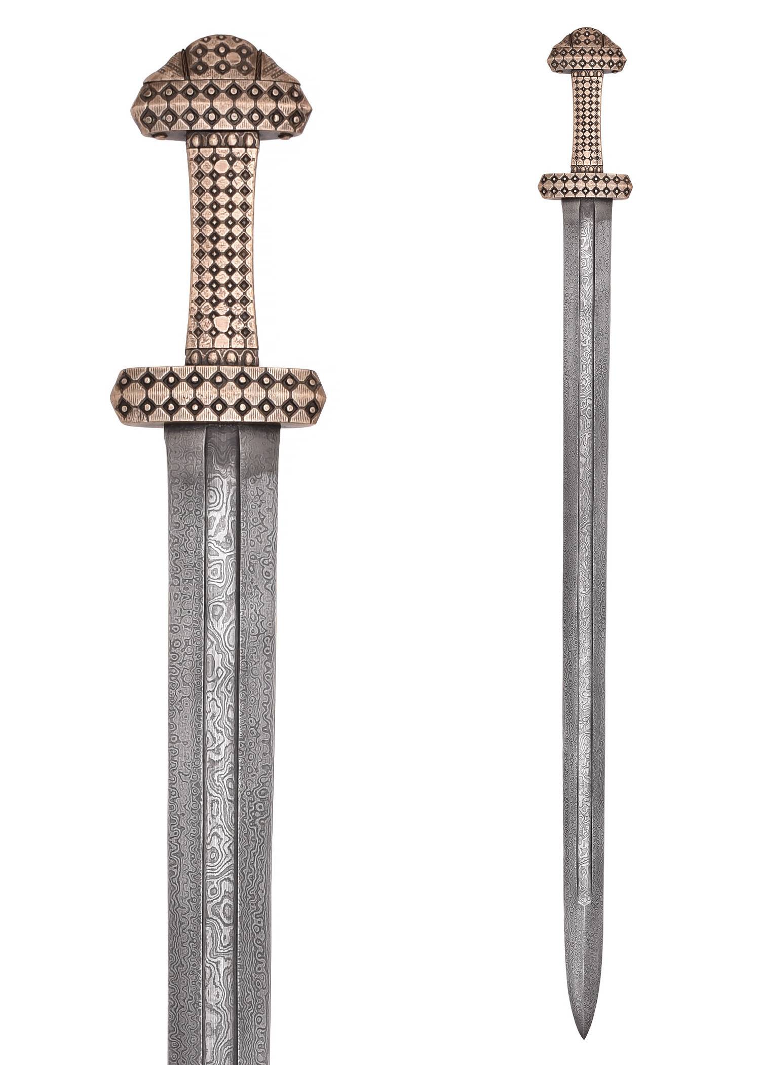 Wikingerschwert mit Bronzegriff, Damaststahl mit Scheide