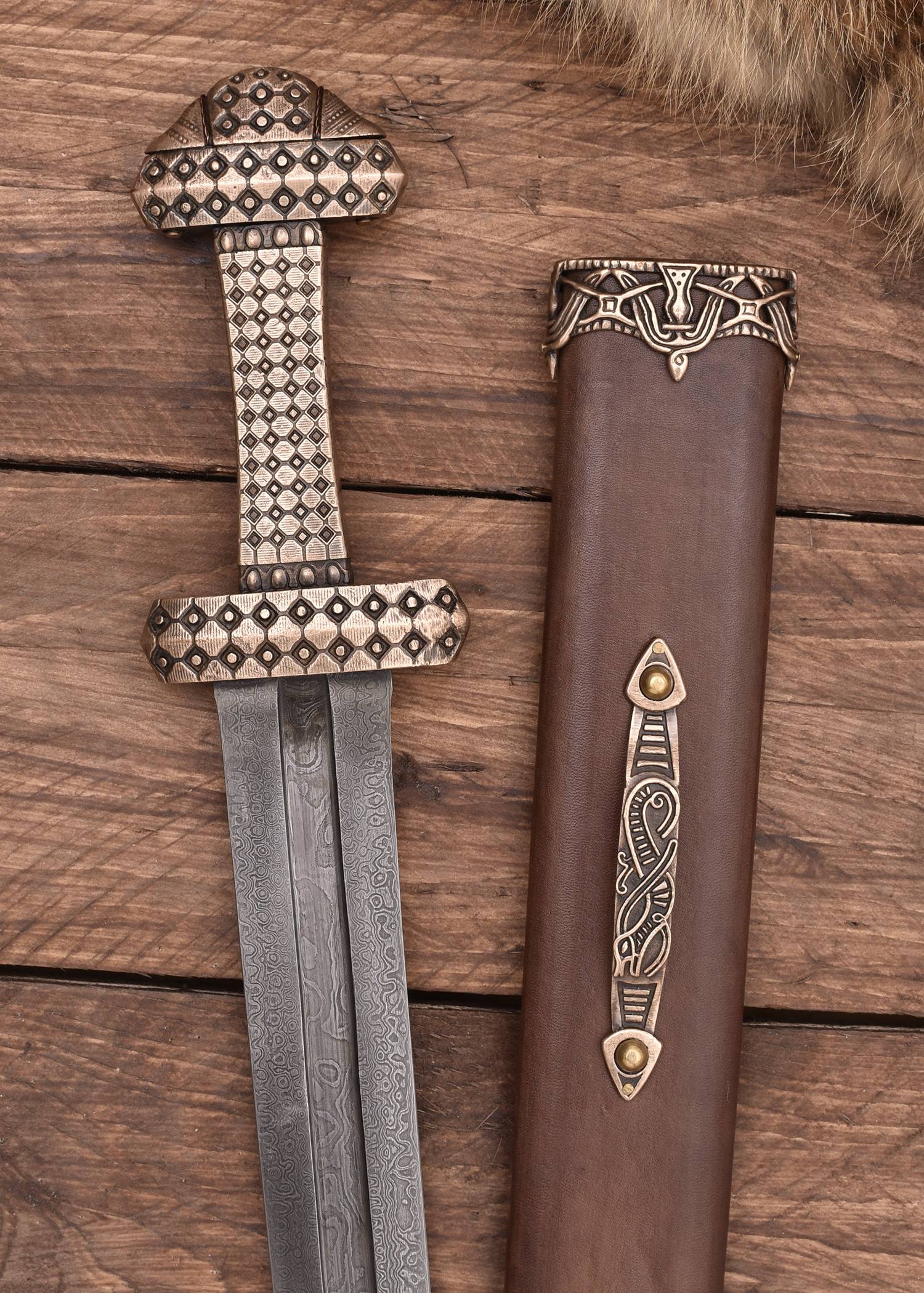 Wikingerschwert mit Bronzegriff, Damaststahl mit Scheide