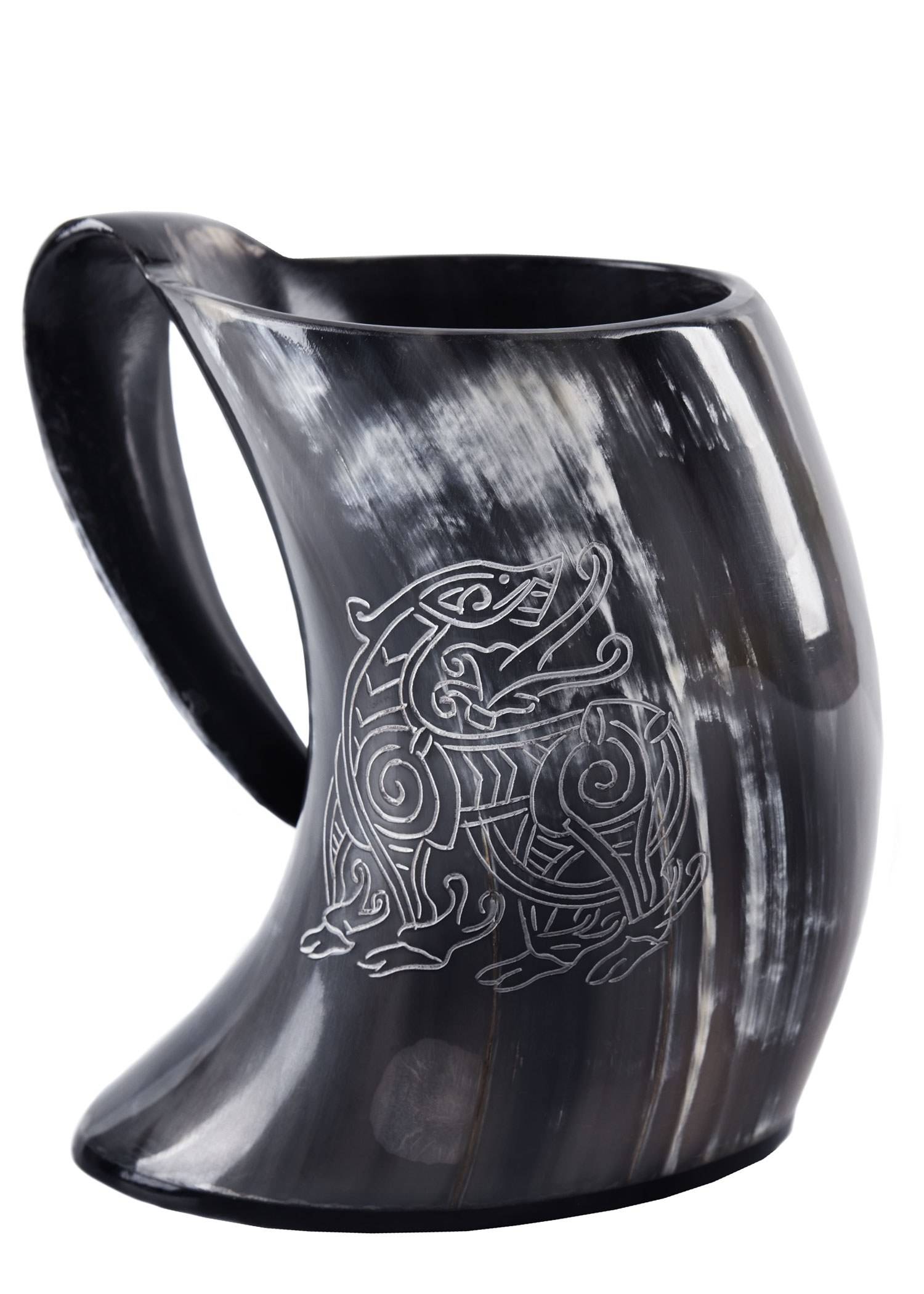 ​Wikinger Großer Trinkbecher / Bierkrug aus echtem Horn mit Wikinger-Drache
