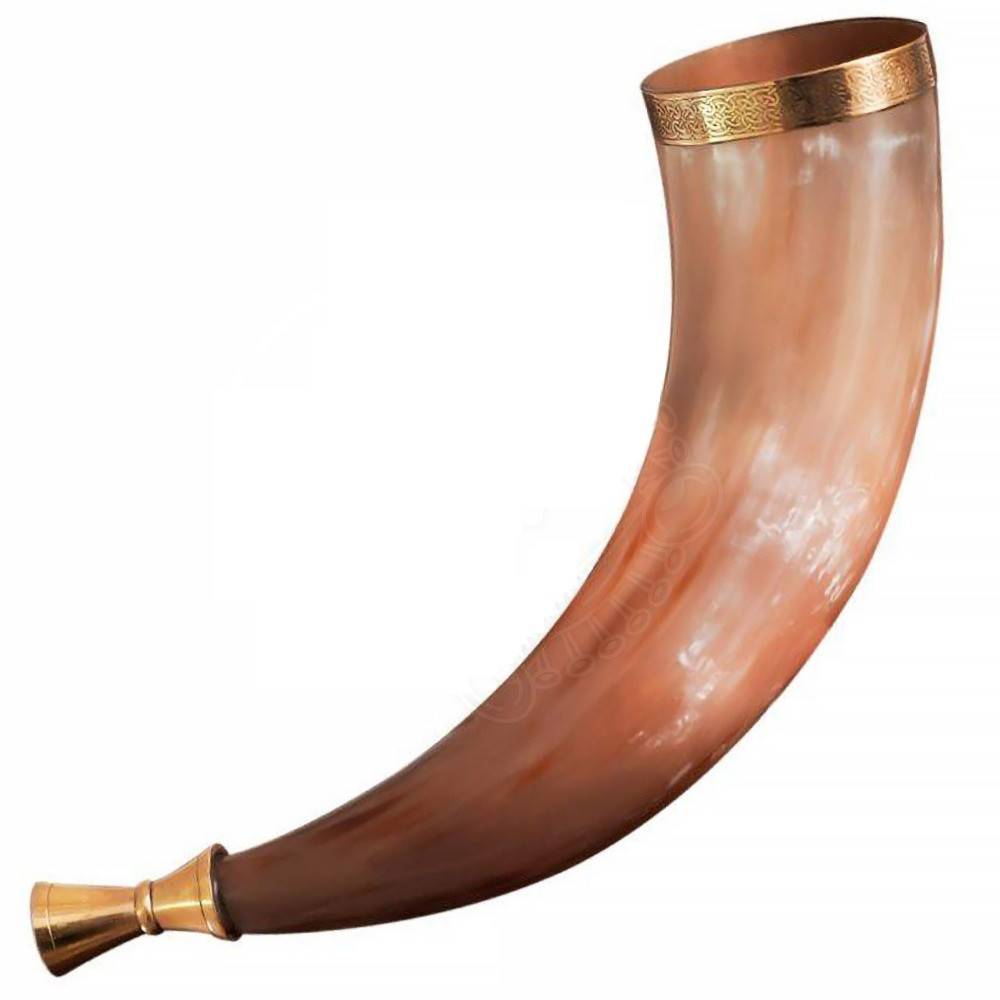 Viking Heimdall Gjallarhorn, hoorntrompet met messing mondstuk en reliëfrand