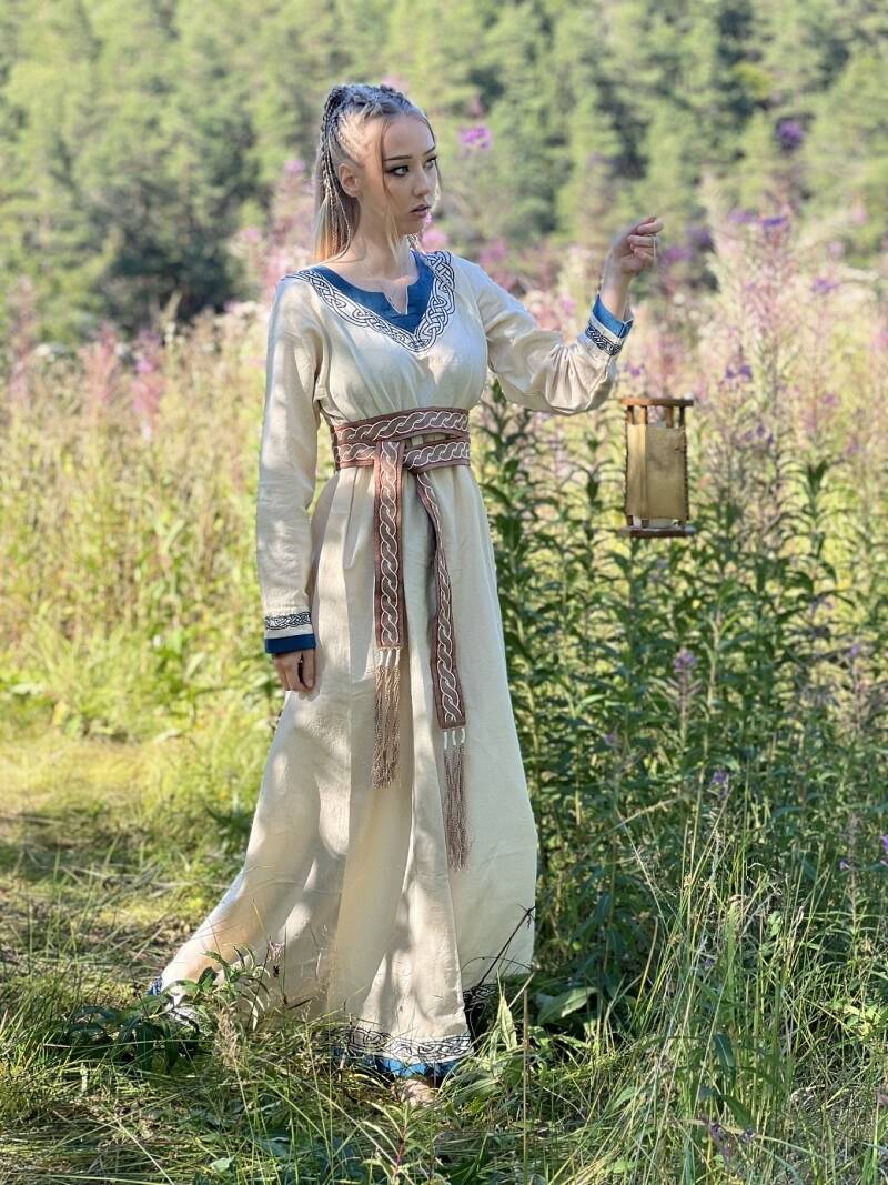 Wikinger Kleid "Lagertha" in Natur/Blau