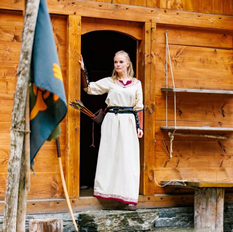 Wikinger Kleid "Lagertha" in Natur/Rot