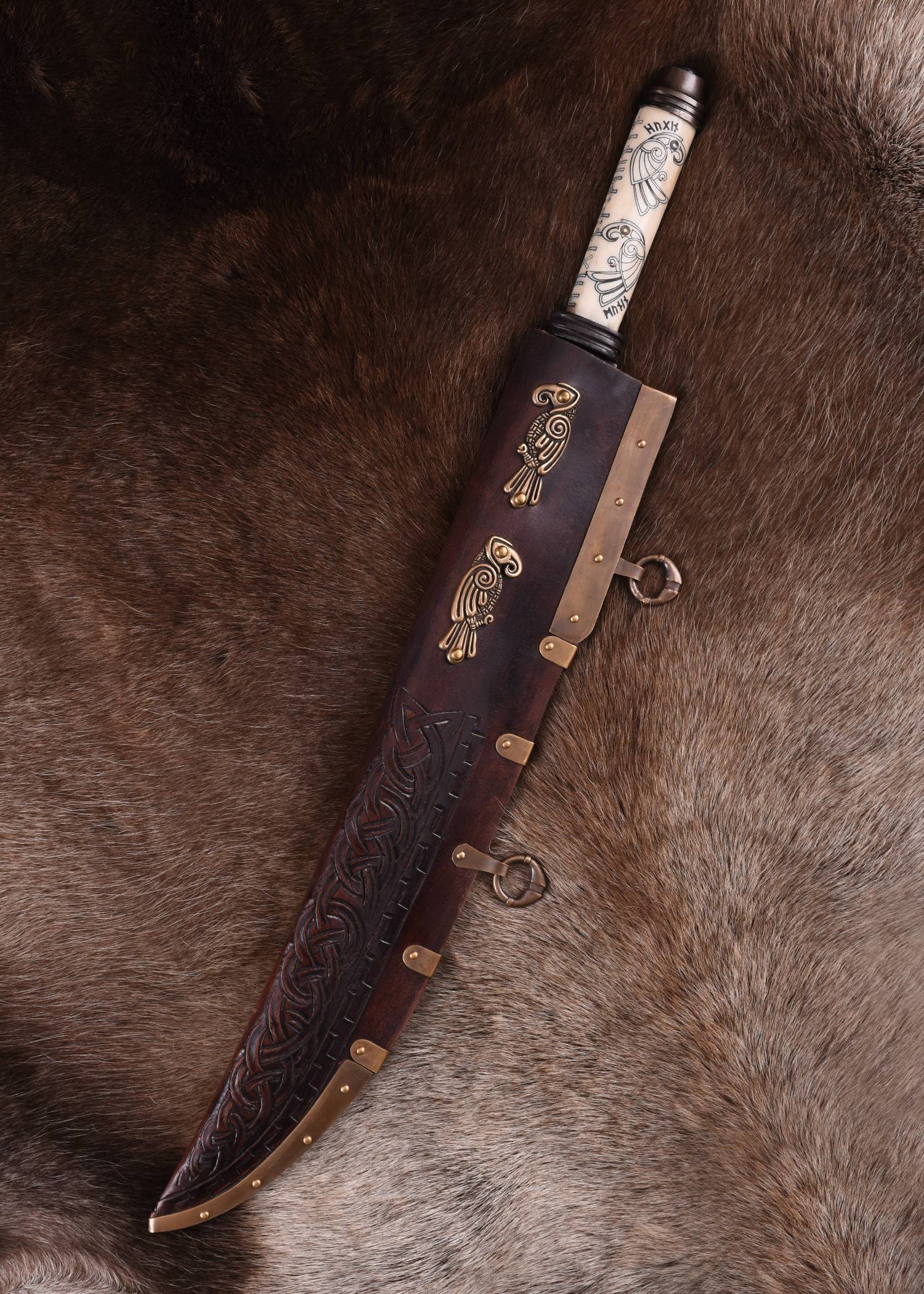 Viking Langsax, Viking saxmes, benen handvat met Noorse raven Hugin en Munin
