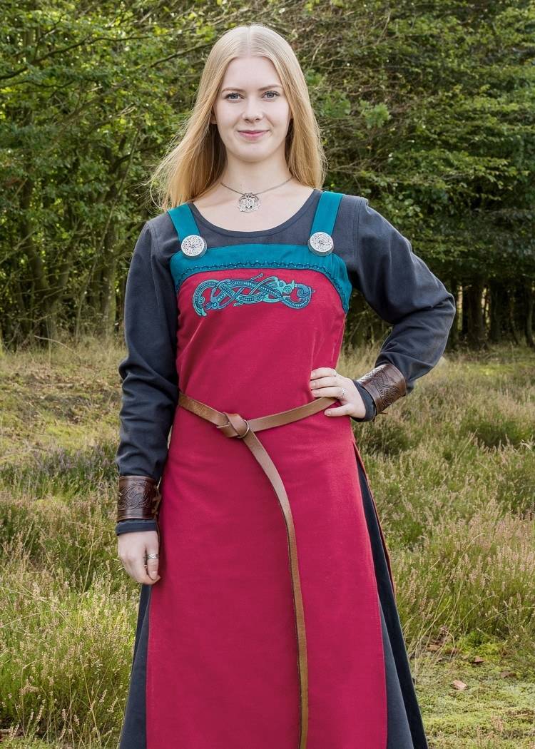 Wikinger Schürzenkleid mit Stickerei, rot/petrol