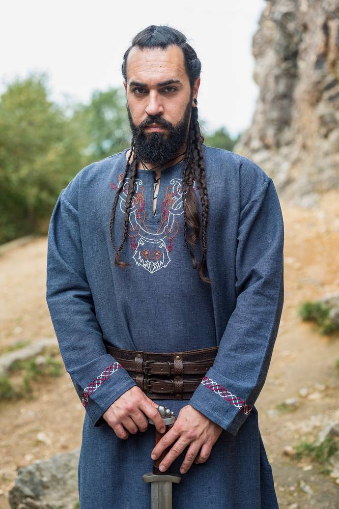 ​Viking Tuniek in Blauw/Grijs met handgemaakt Borduursel