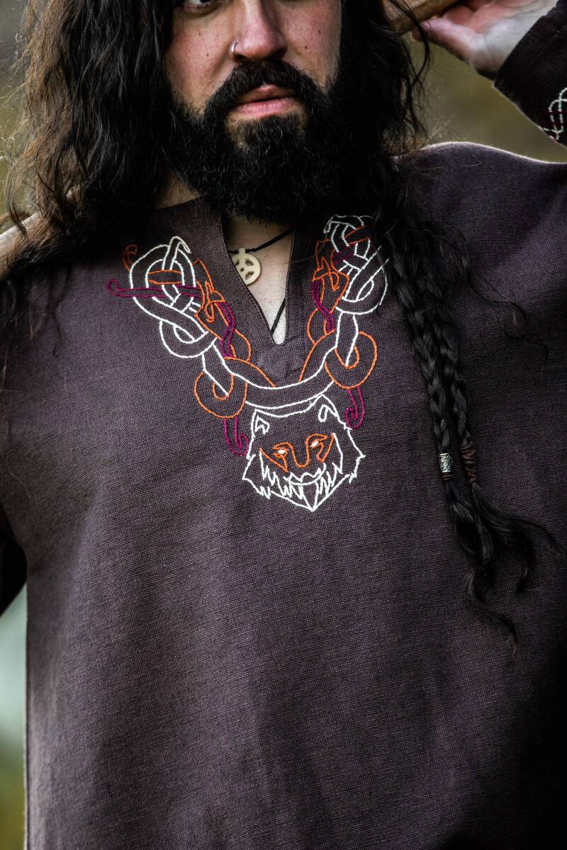 ​Viking Tuniek in Bruin met handgemaakt Borduursel