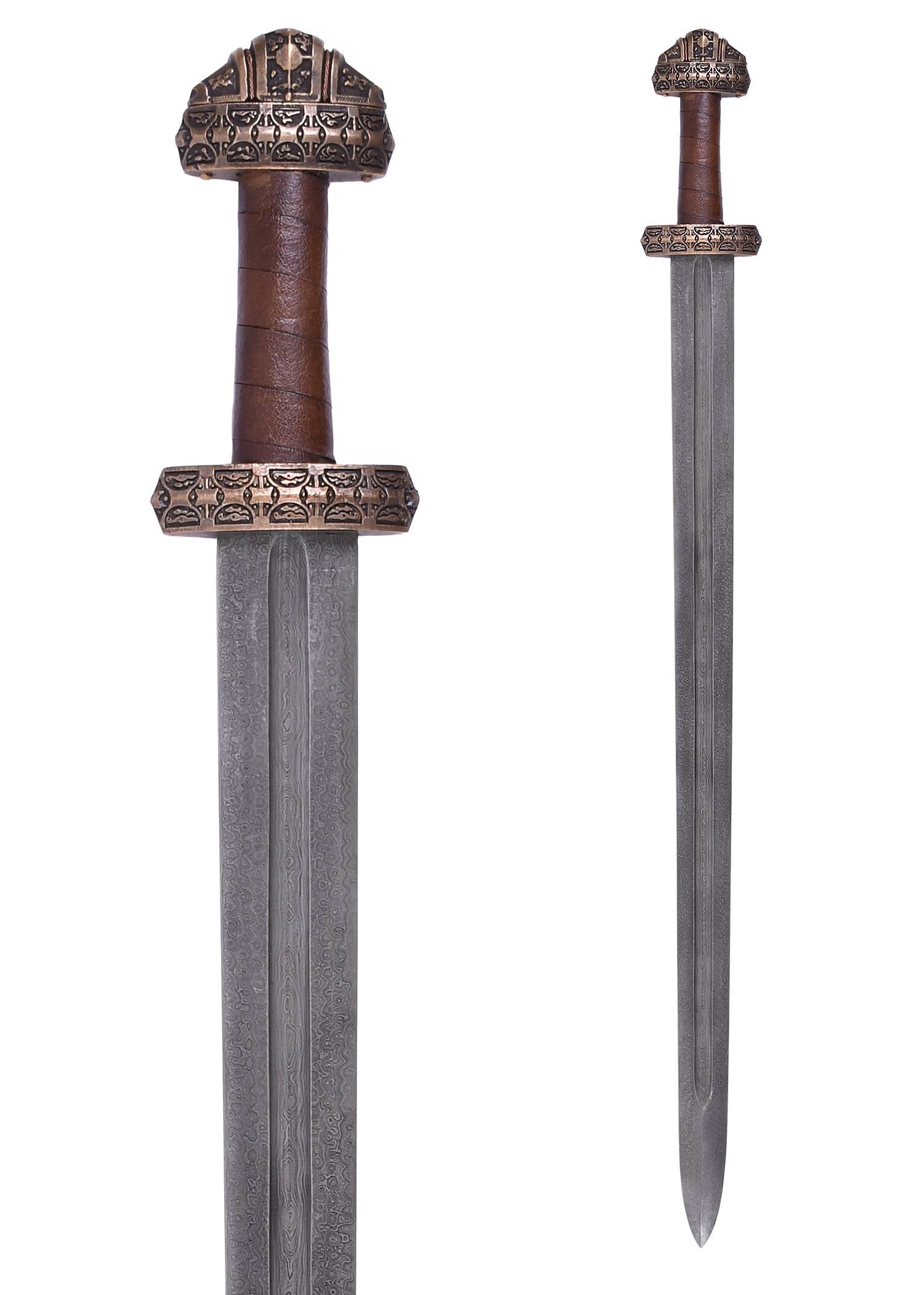 Vikingzwaard (Isle of Eigg) met lederen handvat, Damascus staal met Schede