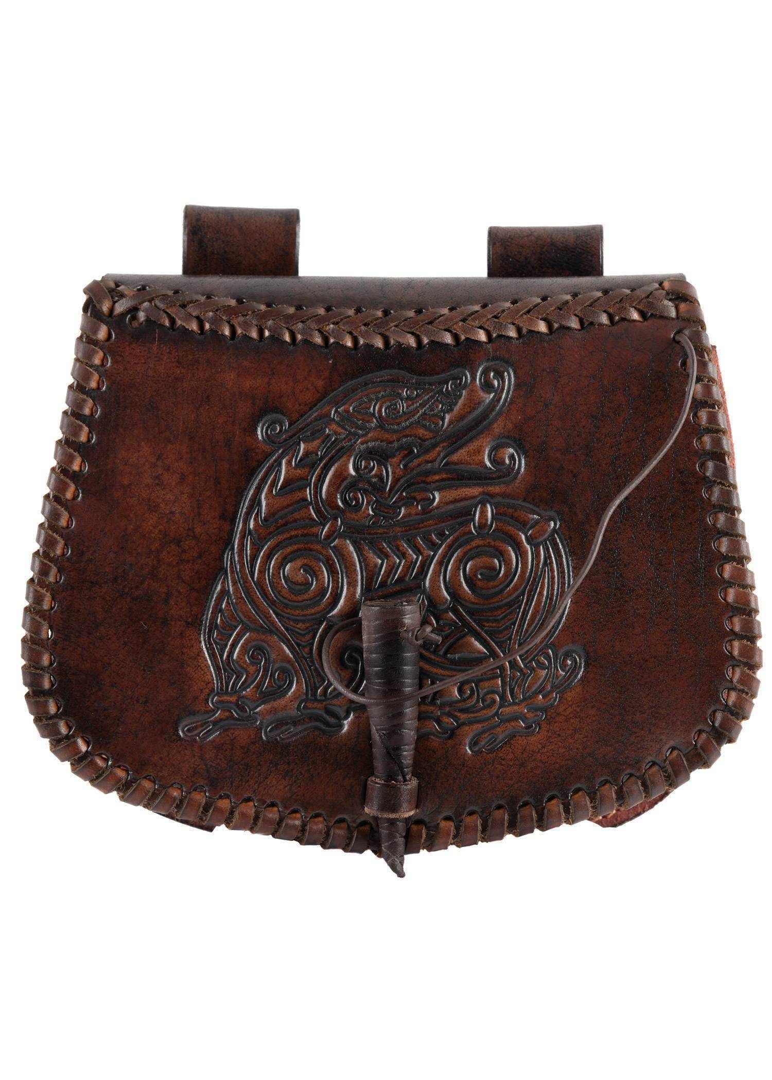 Wikinger ​Gürteltasche aus Leder mit Drachen-Prägung, Braun