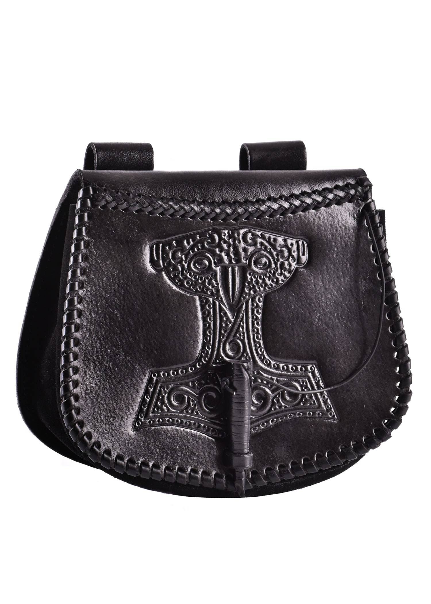 Viking heuptas met Thor's hamer reliëf, leer, in zwart.