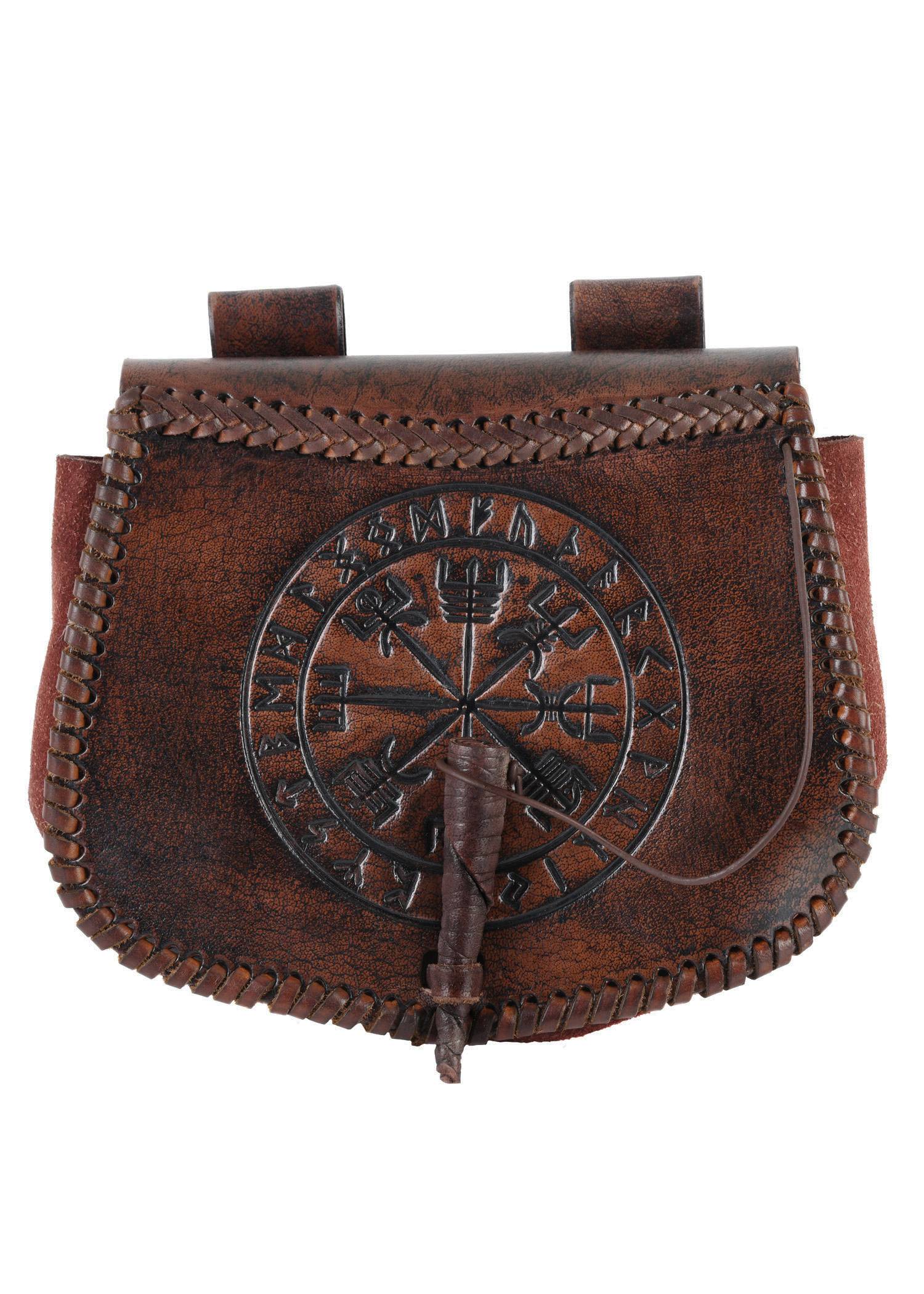 ​Wikinger Gürteltasche aus Leder mit Vegvísir- Prägung, Braun