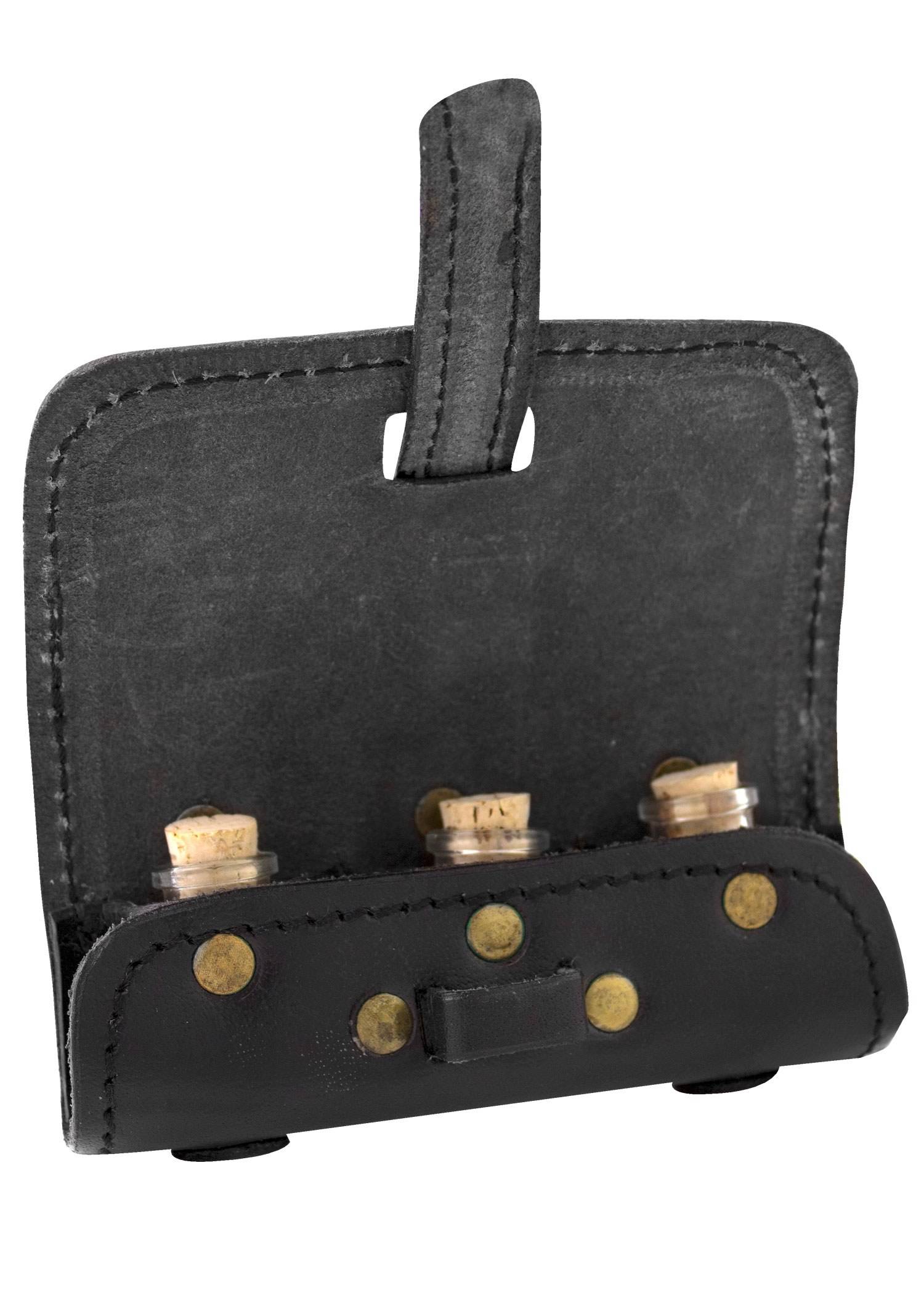 ​Tranktasche aus Leder mit 3 Flaschen in Schwarz.
