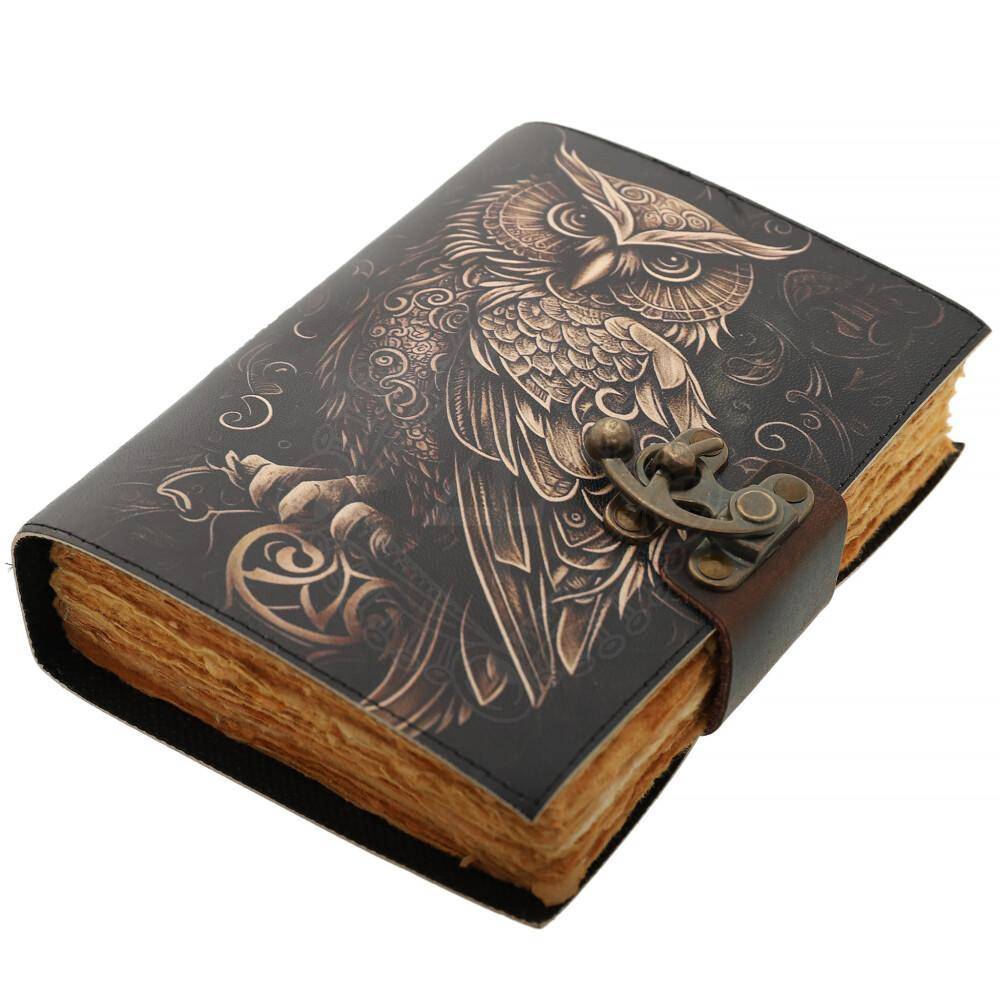 Handgemaakt Leren Dagboek met een Uil - een Symbool van Wijsheid