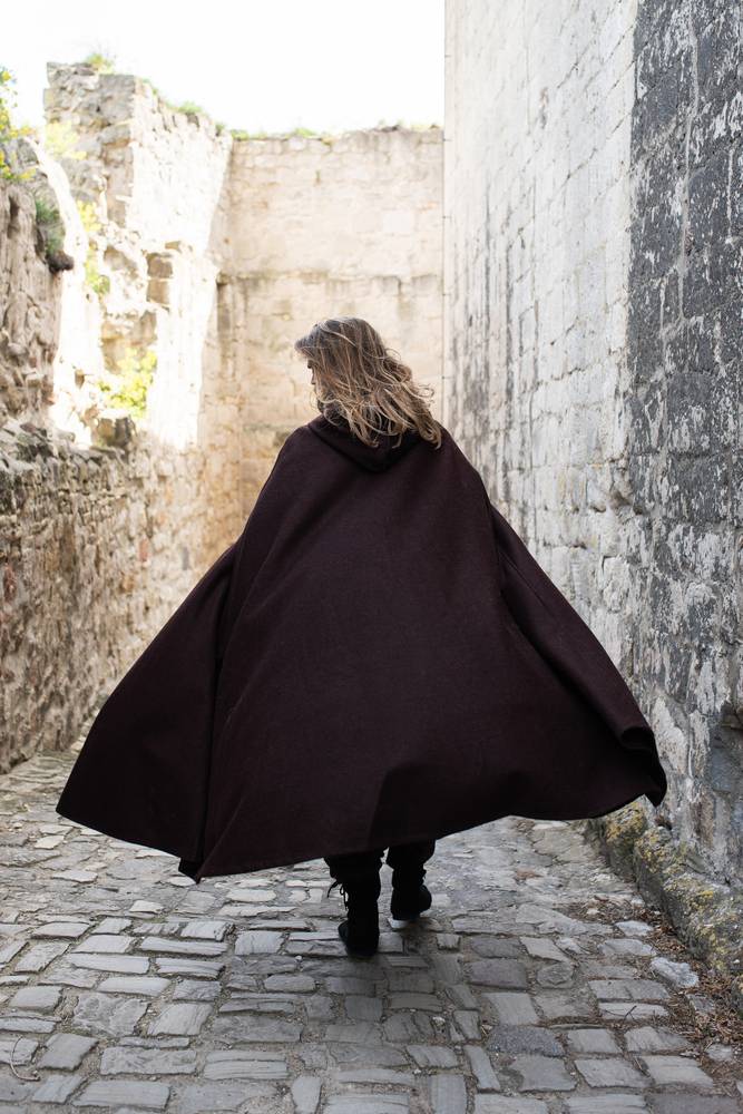 Middeleeuwse Wollen Cape in Bruin, 160 cm
