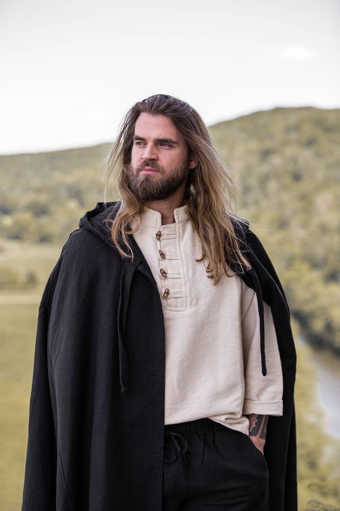 Middeleeuwse Cape Wol in Zwart met Muts,131 cm