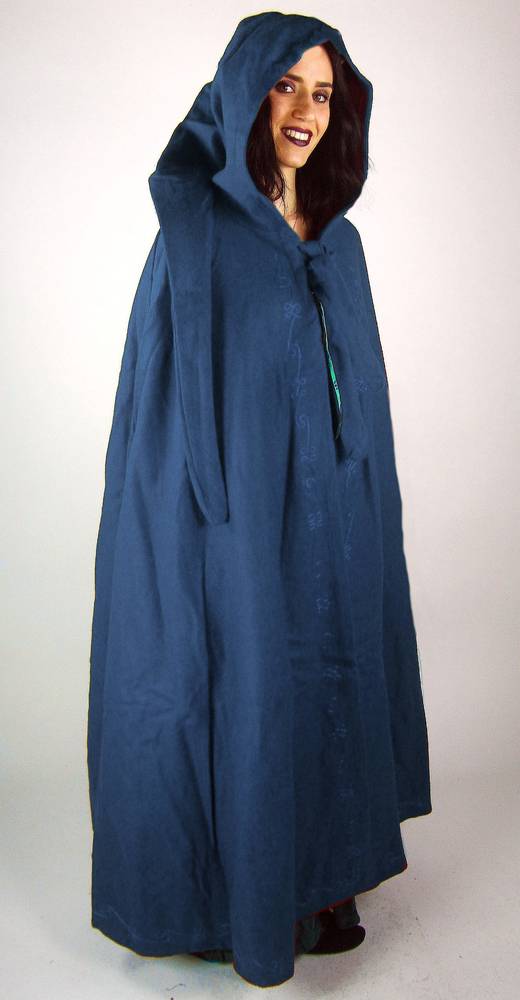 Middeleeuwse Cape Wol in Blauw met Borduursels, 131 cm