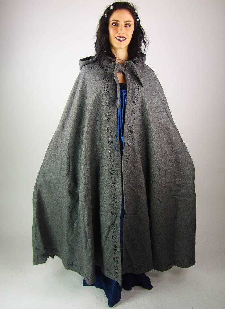 Middeleeuwse Cape Wol in Grijs met Borduursels, 131 cm