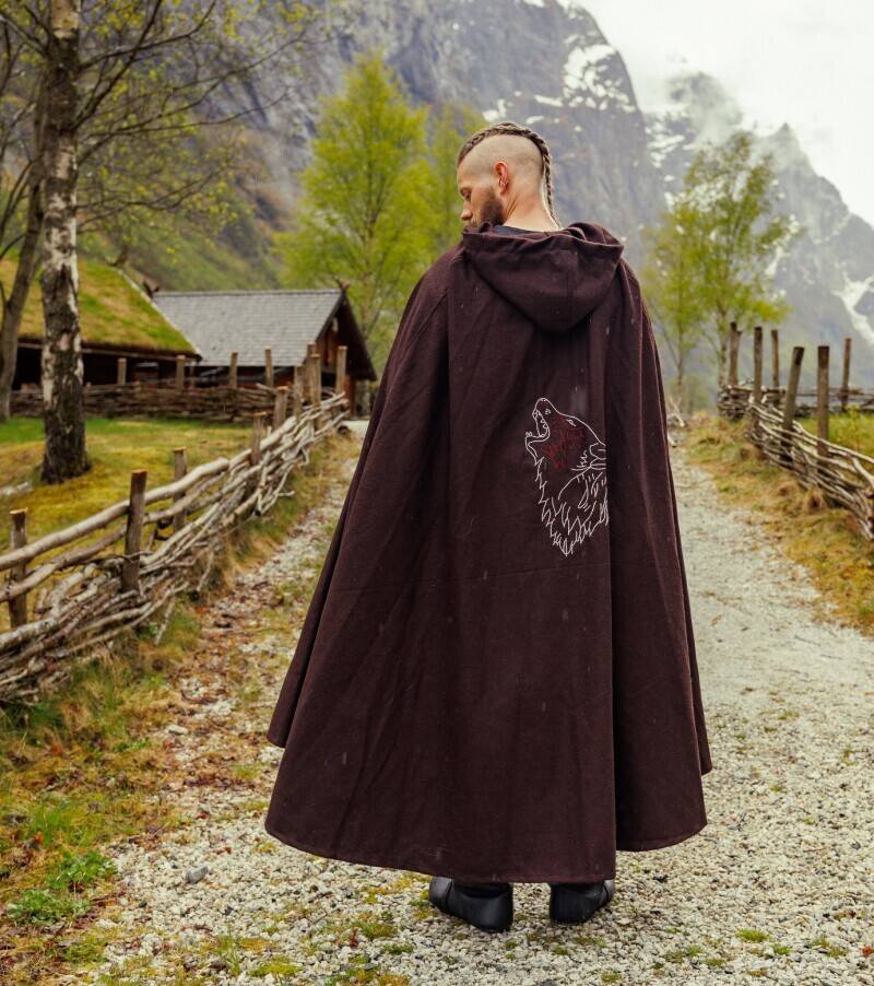 Wikinger Umhang mit Wolfsstickerei in Braun