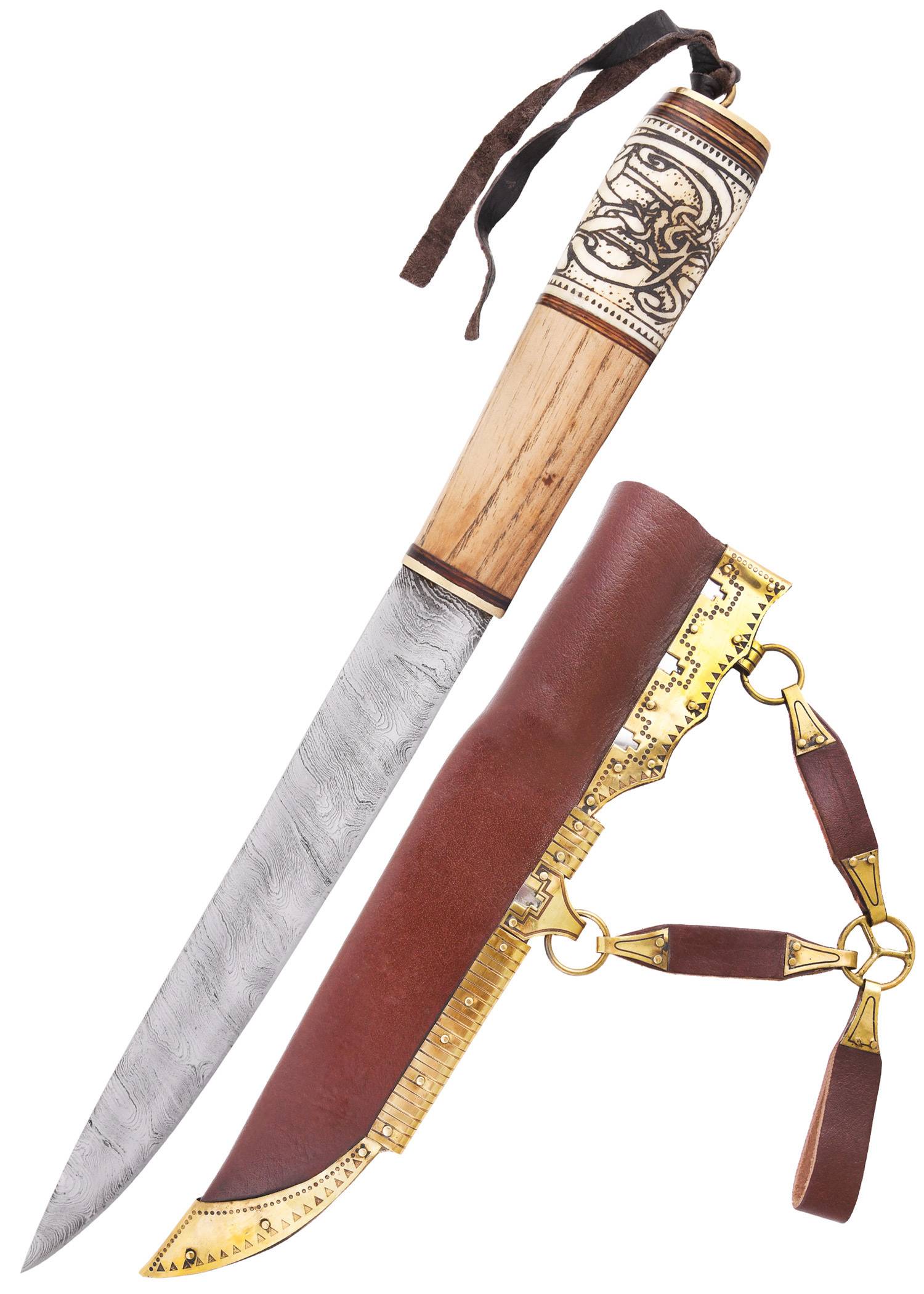 ​Wikingermesser mit Damastklinge und Holz-/Knochengriff mit Knotenmuster