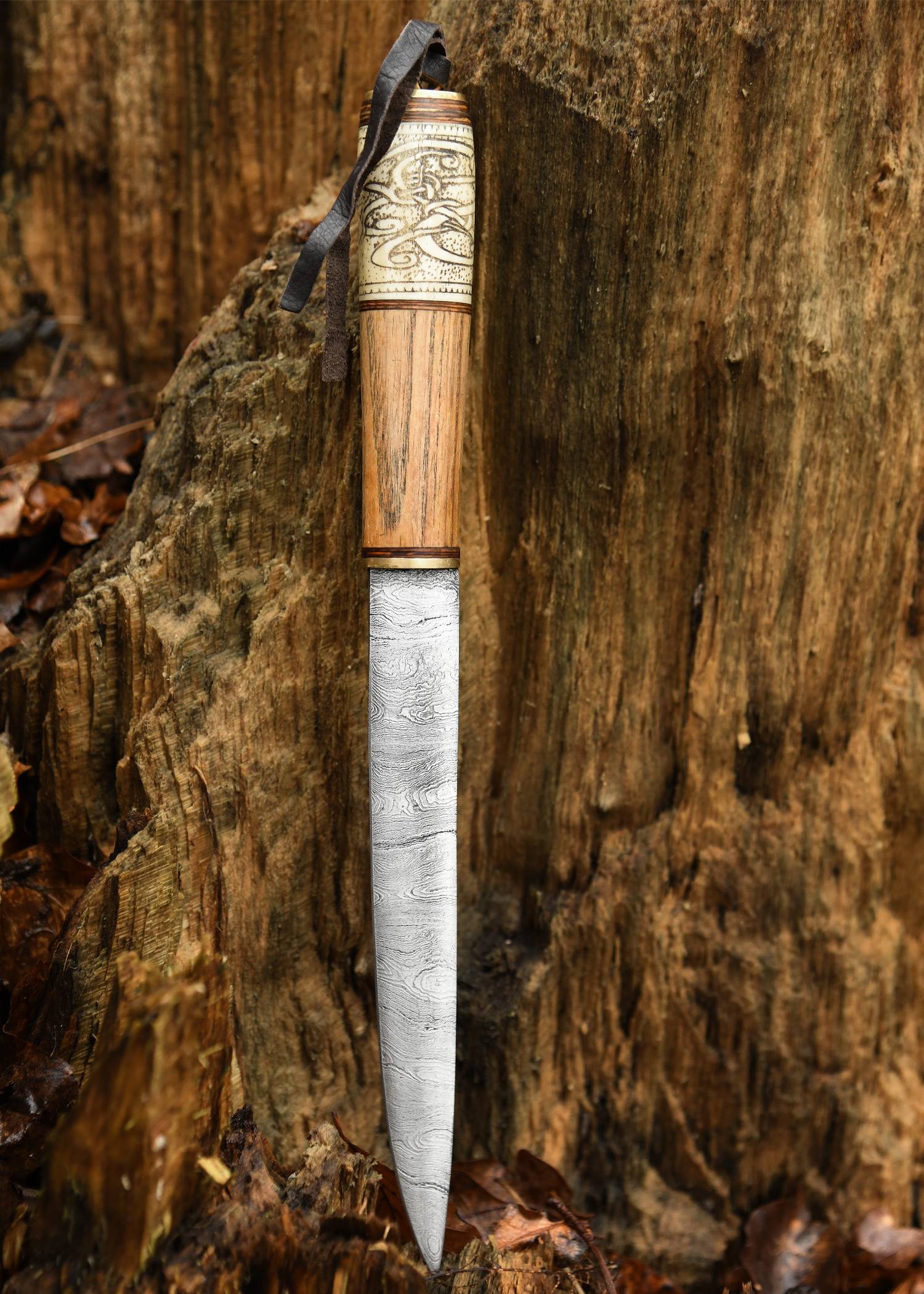 ​Wikingermesser mit Damastklinge und Holz-/Knochengriff mit Knotenmuster