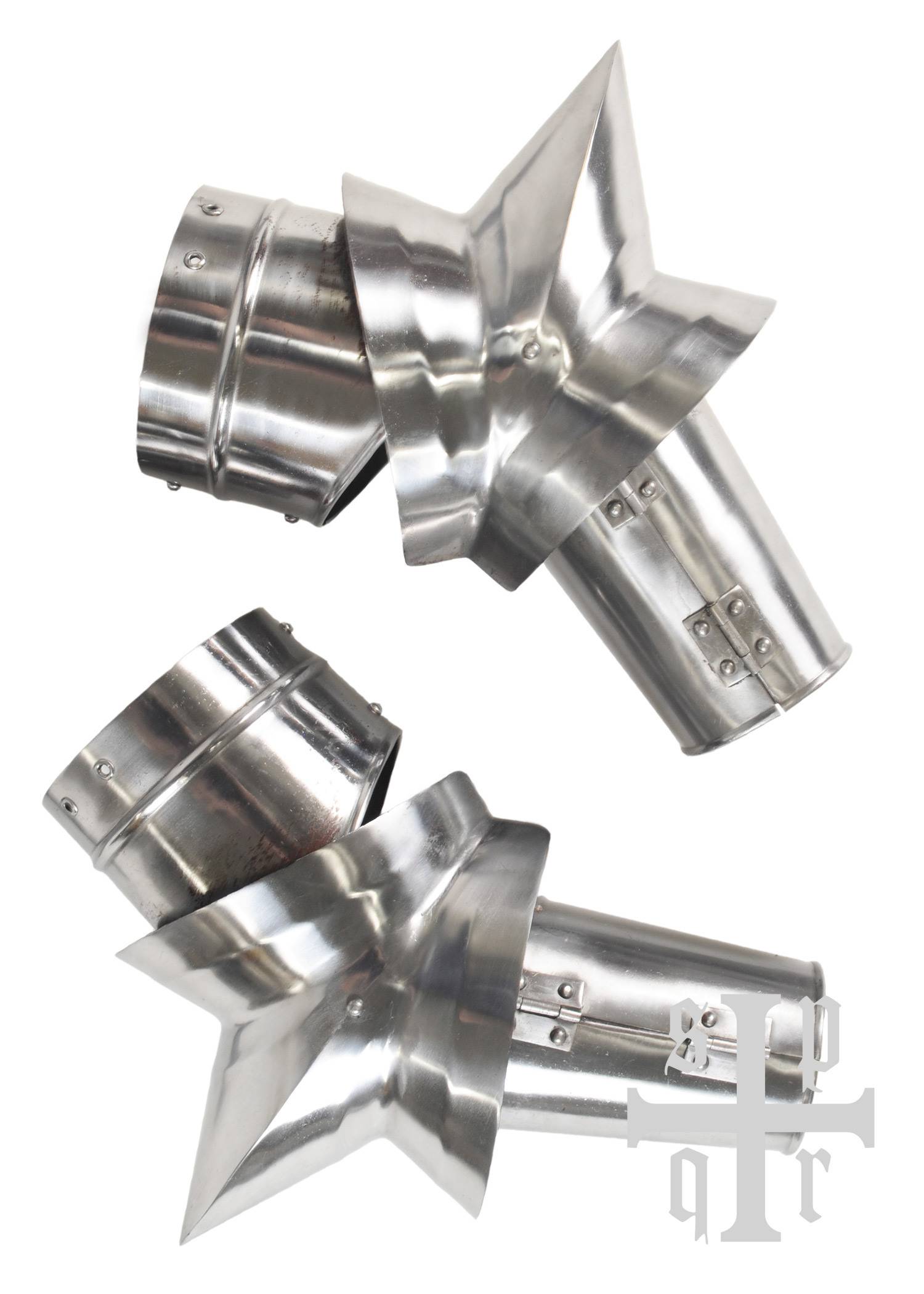 Gotische Armschienen mit Spitzen Ellbogenkacheln, 15. Jh., 1,5 mm Stahl, Paar