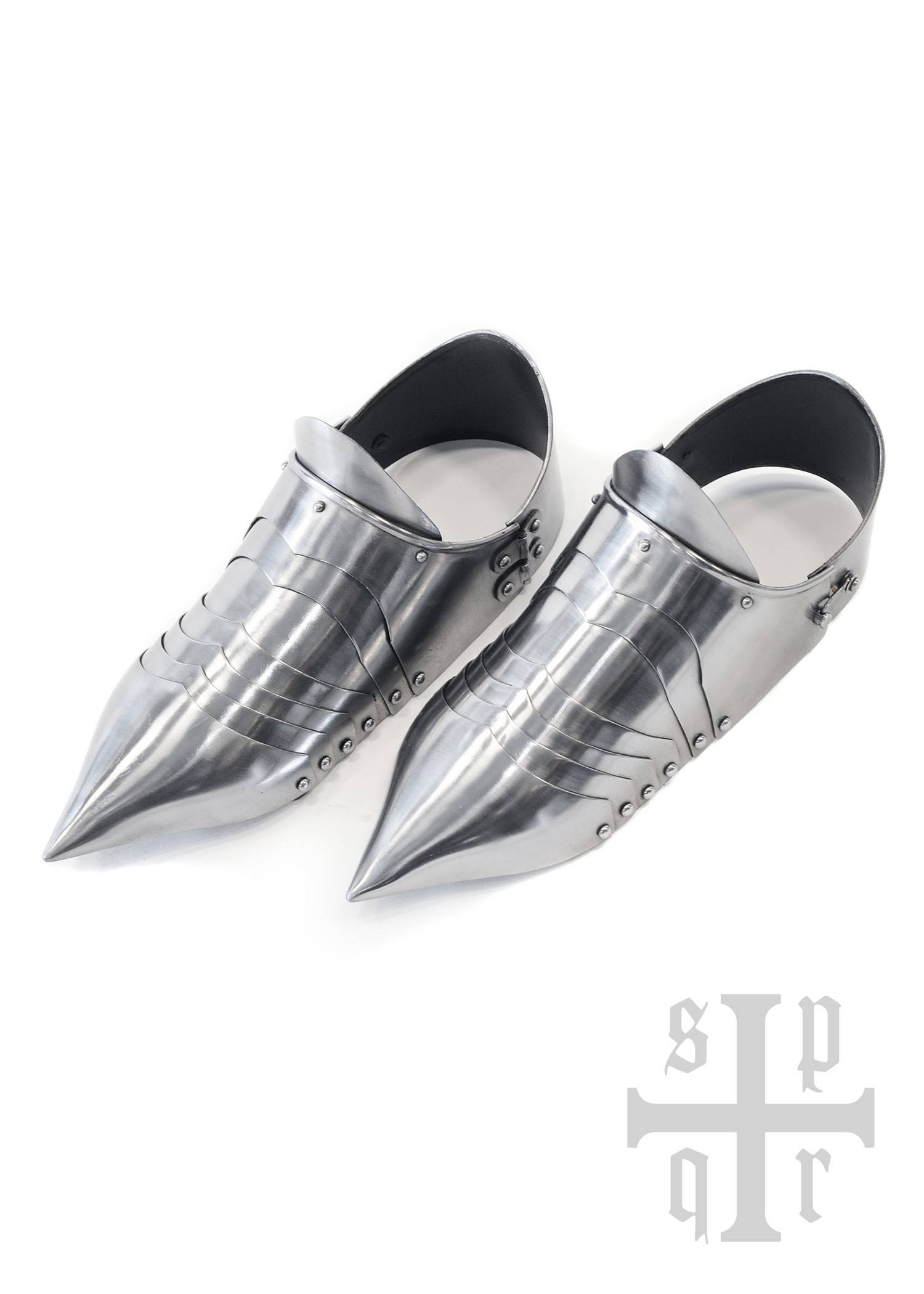 Harnas Sabatons, gepantserde schoenen, 14e eeuw, 1,5 mm staal, paar